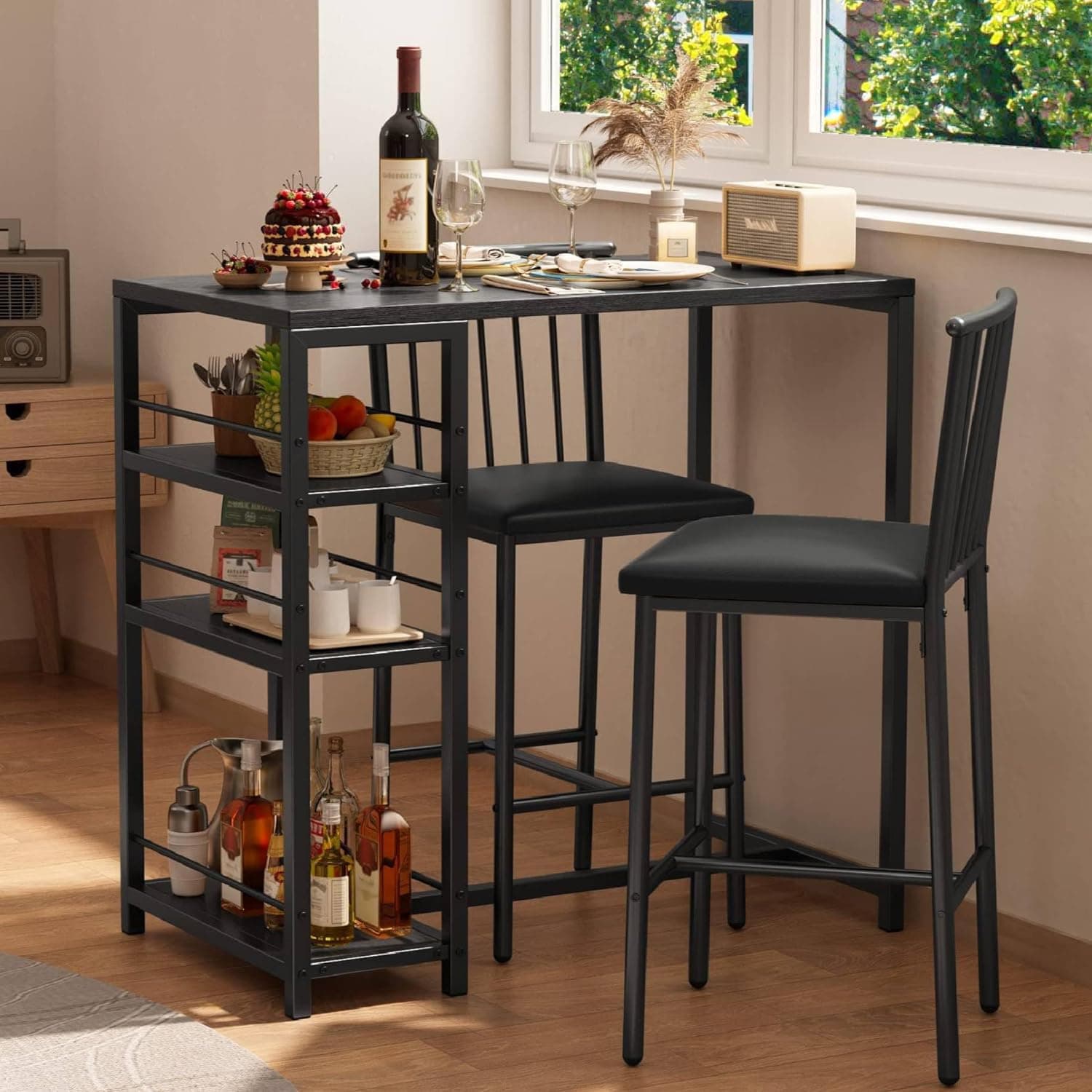 Gizoon Dining Table Set for 2 with 3 Storage Shelves - Black
