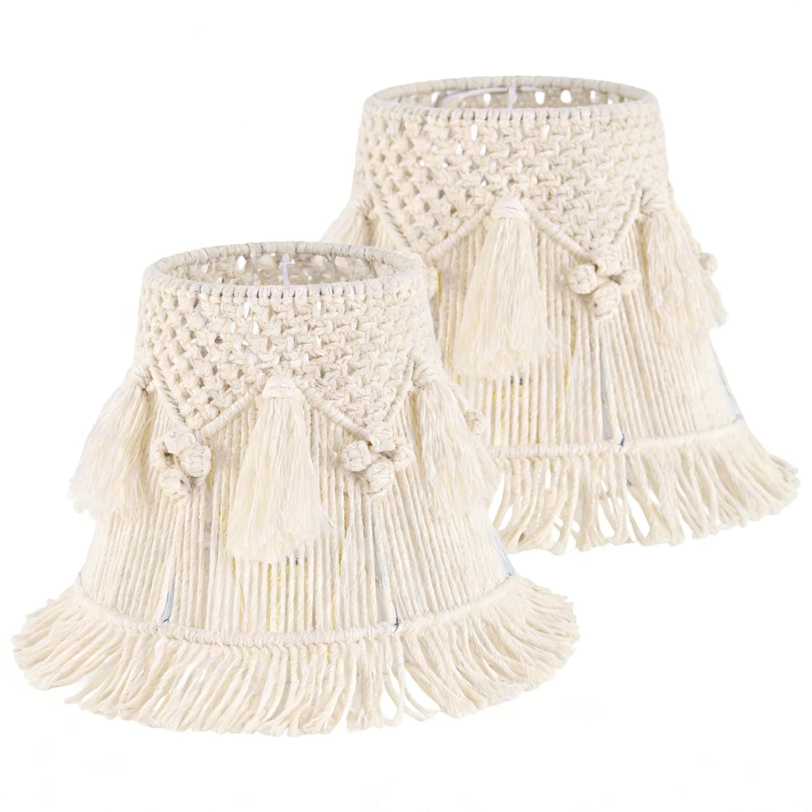 BOXEMIYA 2 Pcs Boho Weave Lamp Shades with Pendant Decoration, Medium Macrame Lampshade, 7.5 x 12 x 11 inch(Spider) Bohemia Tassel Lampshades for Table & Floor Lamp - Easy Installation, Ivory-White