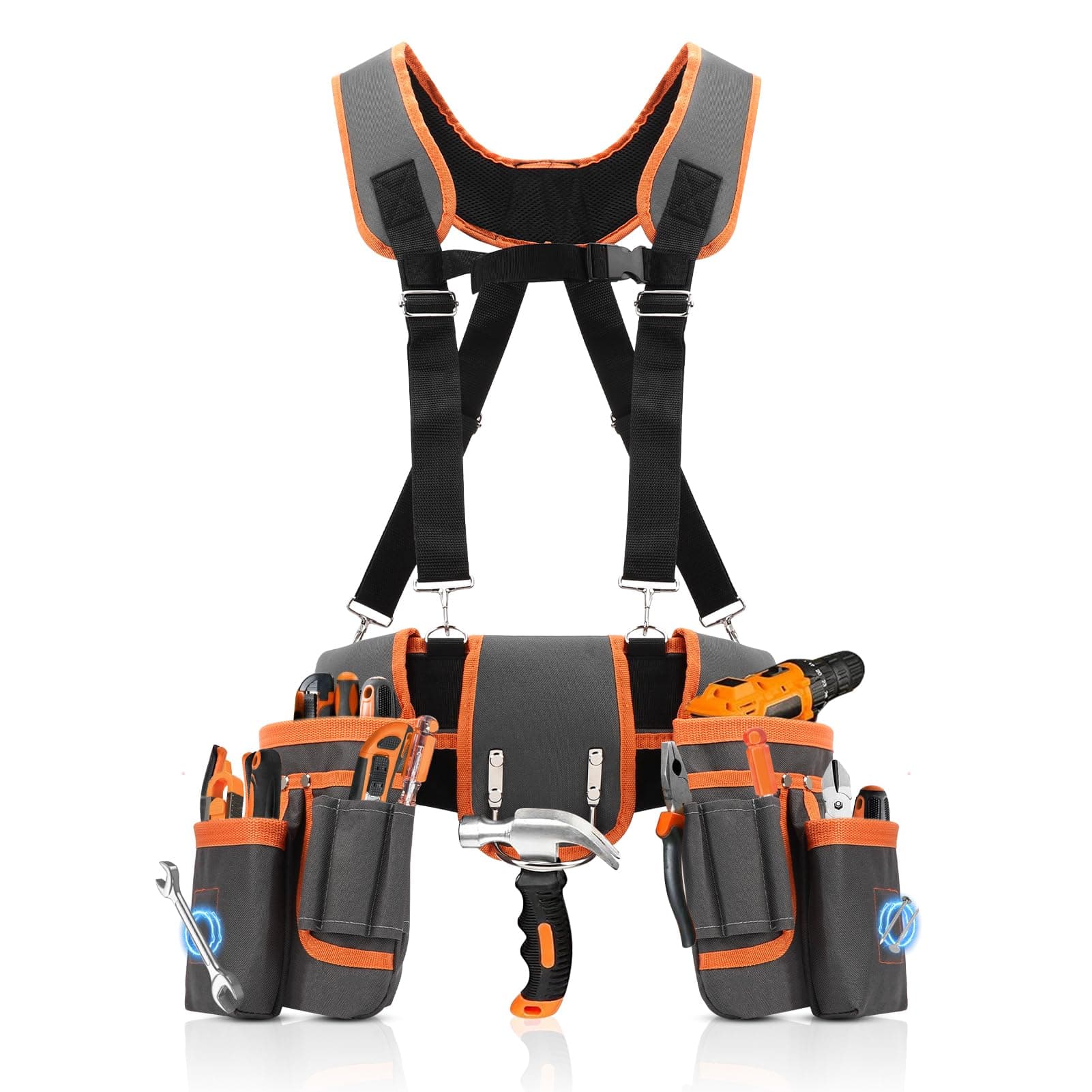 WODHMIEY Magnetic Tool Belt Suspenders, Tool Bag Suspenders, 18 Pockets, Adjustable Waist 32-51in for Construction Workers Carpenters Electricians