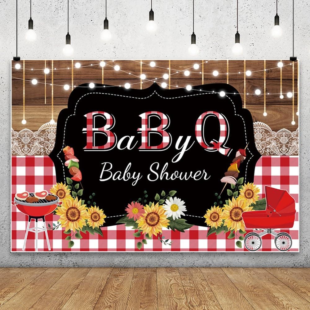 Leyiyi 7x5ft BBQ Baby Shower Backdrop Country Rustic Wood Board Sunflowers Red and White Lattice Newborn Photo Background 1st Birthday Gender Reveal Barbecue Party Decor Banner Photo Booth Props