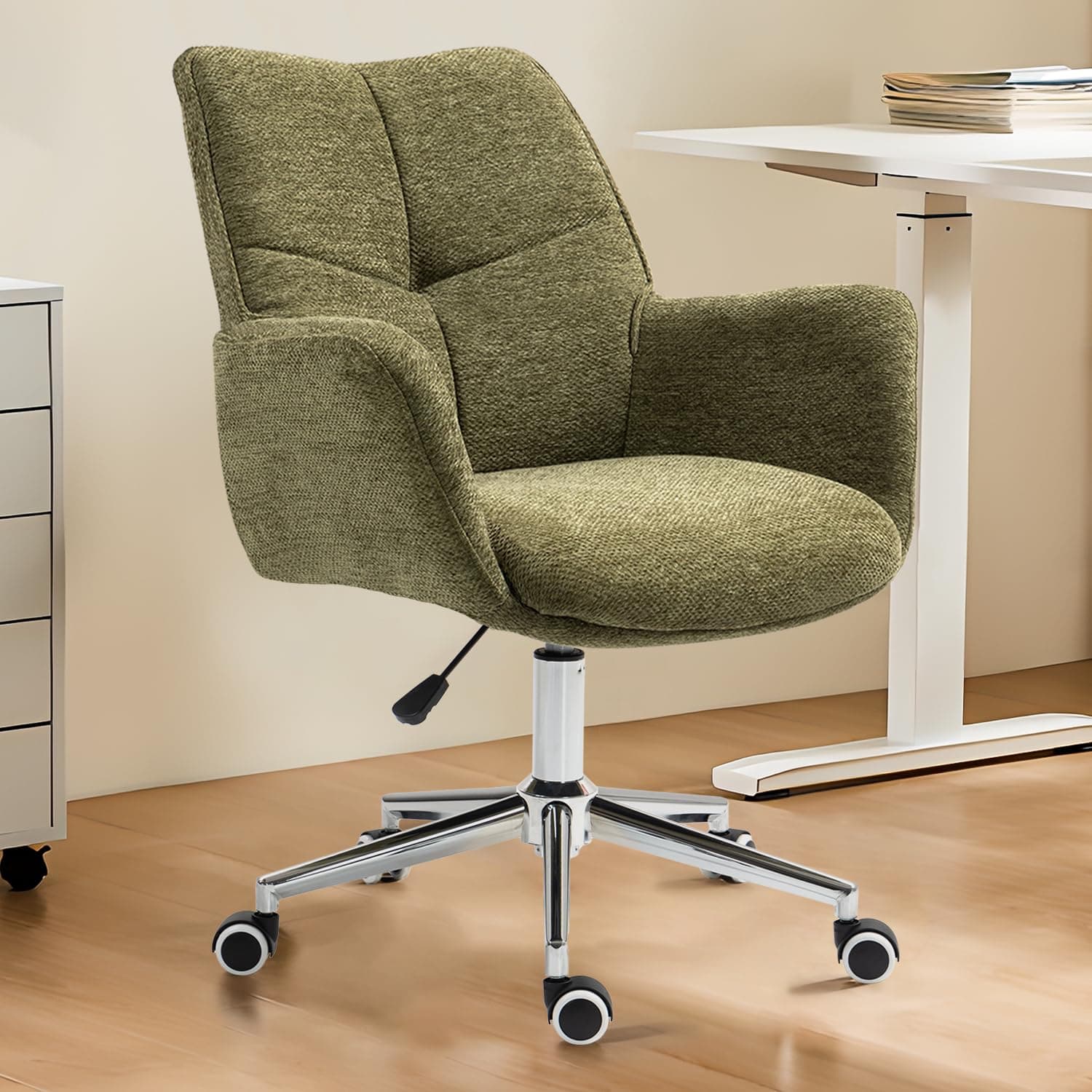 ACFOUL Home Office Desk Chair Swivel Ergonomic Computer Chair with Rolling Wheels, Adjustable Height Accent Armchair Upholstered Chenille for Living Room, Home Office, Study, Make Up, Green