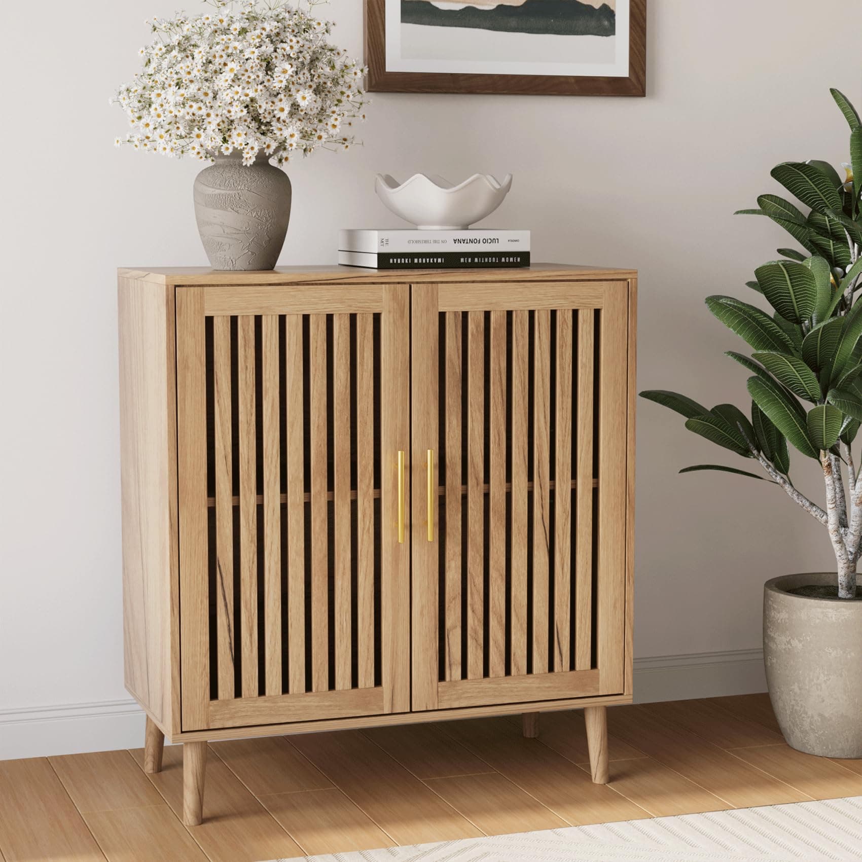 Smart FENDEE Sideboard Cabinet, 31.5" W Farmhouse Buffet Cabinet with Slatted Doors & Adjustable Shelf, Wooden Coffee Bar Storage Station for Kitchen, Dining Room, Living Room, Entryway, Natural