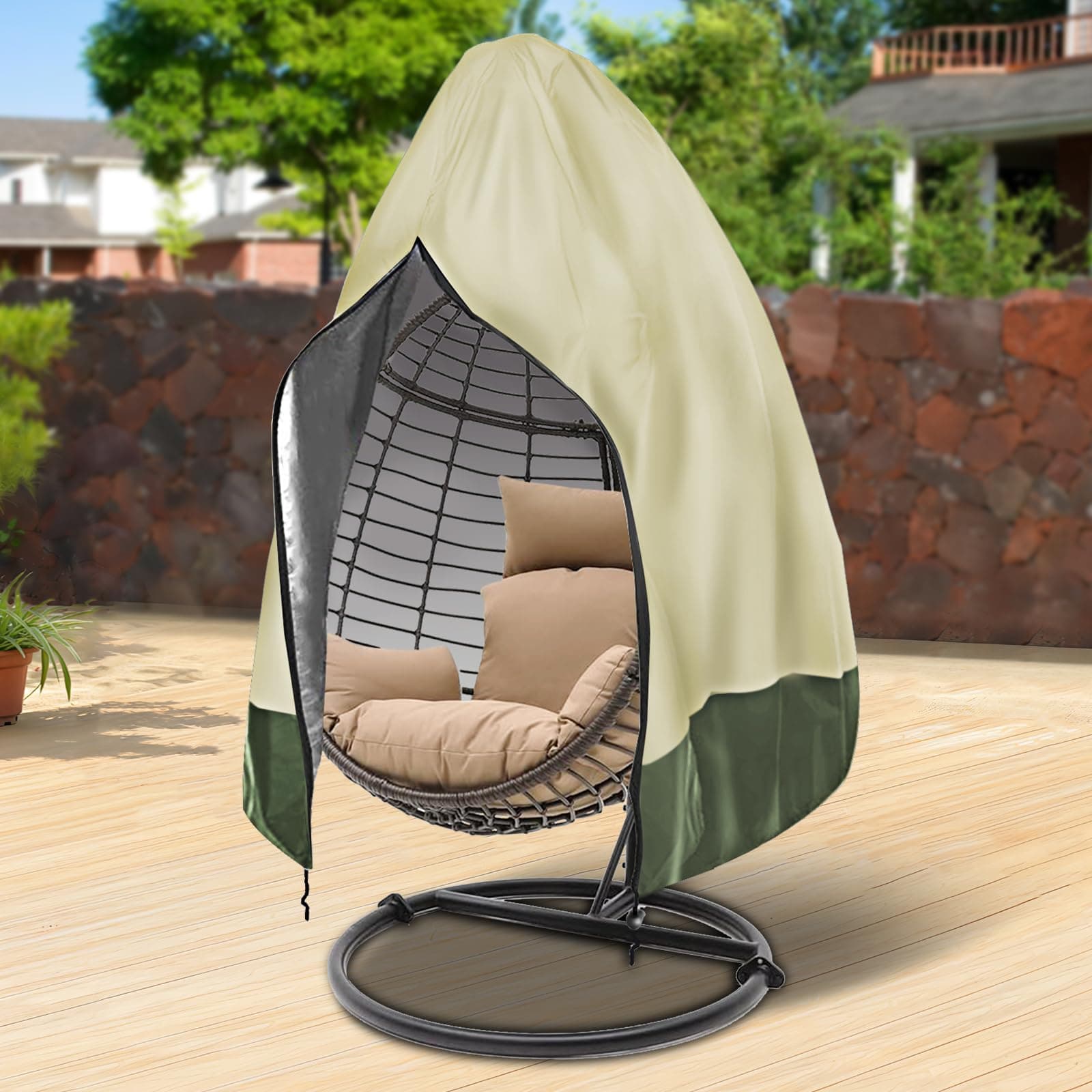 Impulja Patio Egg Chair Cover with Zipper, Heavy Duty 420D Oxford Outdoor Hanging Egg Chair Cover, Waterproof UV Resistant Windproof, Wicker Swing Egg Chair Cover, Fits 75"H x 45"W(Off-White)