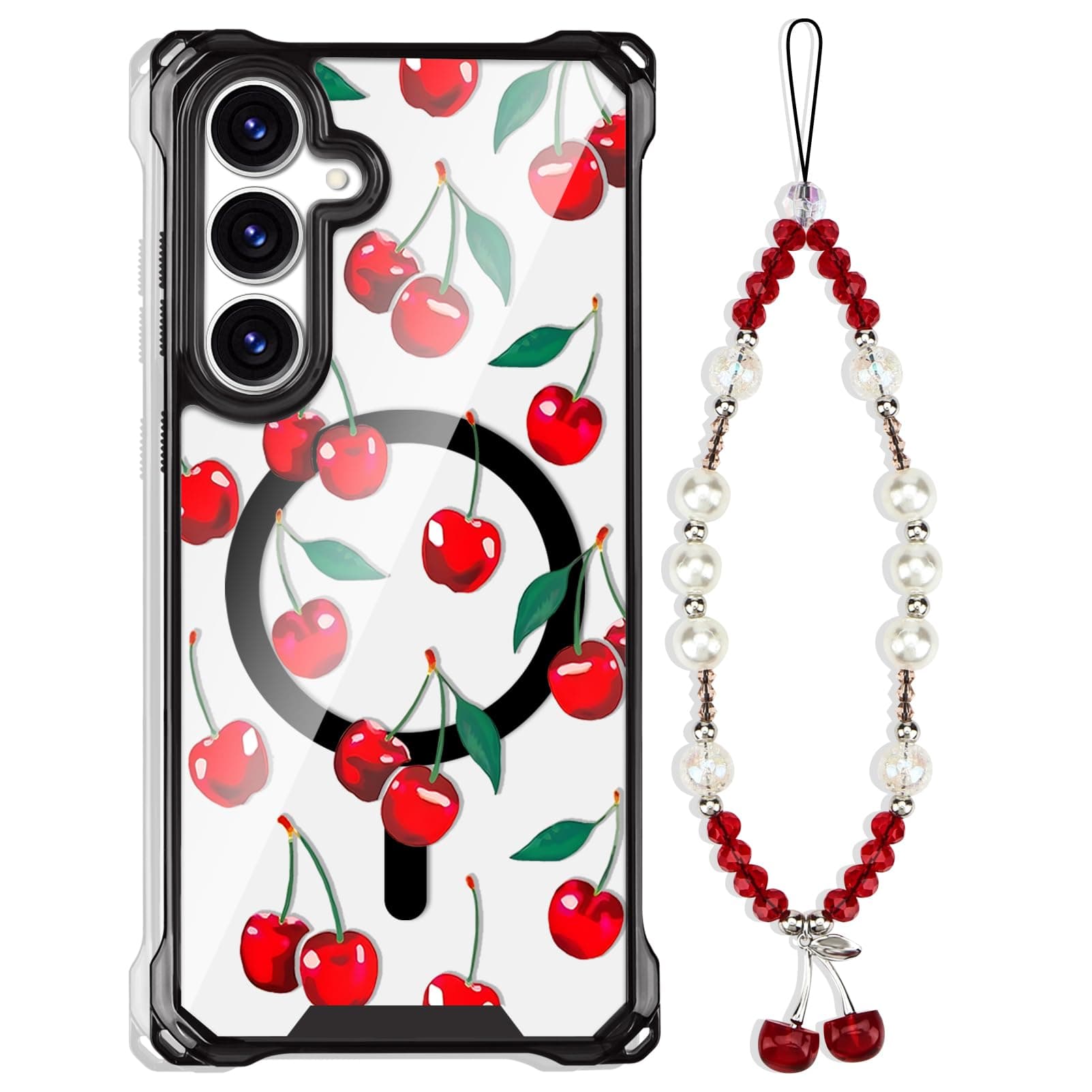 casesszoone for Samsung Galaxy S24 Plus Cherry Case with Wrist Strap [Compatible with MagSafe] Magnetic Clear Four Corners Shockproof Cute Cherries Design Cover for Girls Women Teens Galaxy S24+ 6.7''
