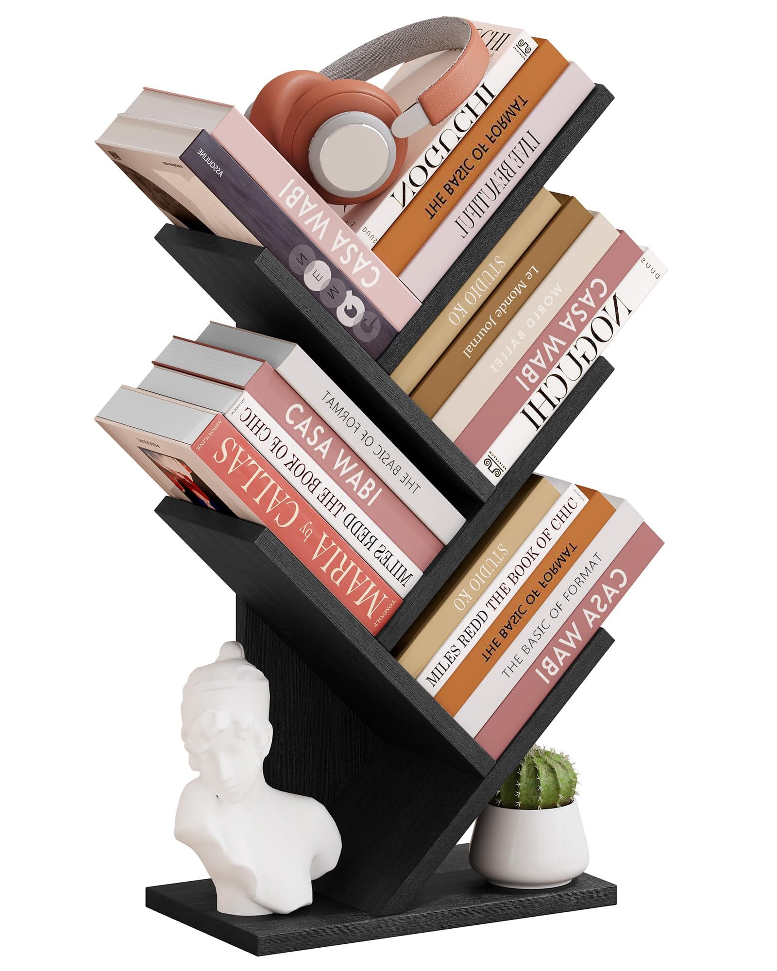 Hoctieon 4 Tier Tree Bookshelf, 4 Shelf Bookcase, Free Standing Tree Bookcase, Display Floor Standing Shelf for Books, Book Organizer Shelves for Home Office, Living Room, Bedroom, Black