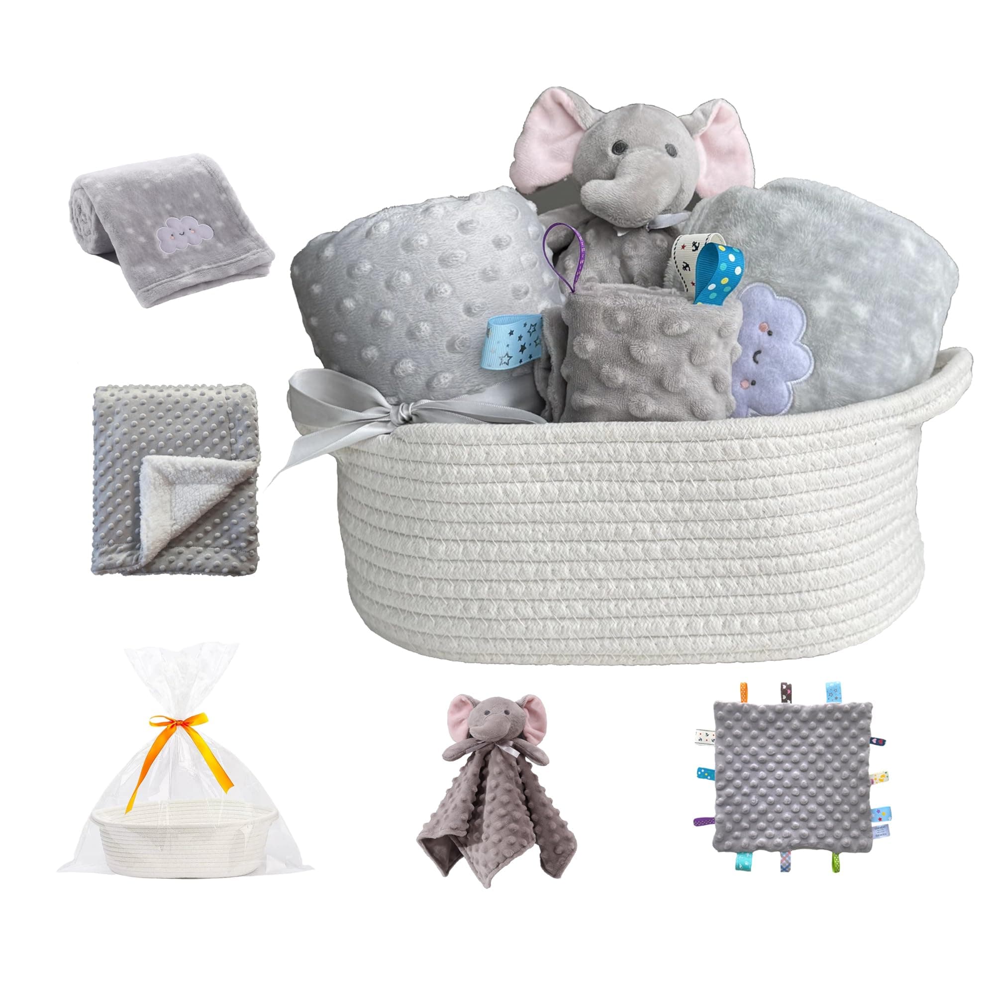 CREVENT Baby Welcome Gift Set Storage Basket with 2 Blankets+ 1 Security Blanket + 1 Taggie + 1 Gift Bag with Ribbon (Grey)