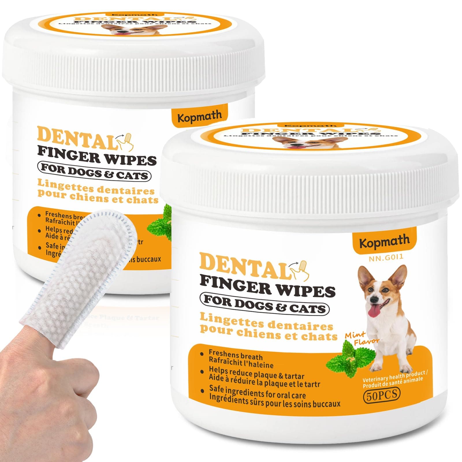 Kopmath Dental Care Finger Wipes for Dogs & Cats, Reduces Plaque & Tartar, Freshens Breath, Pre-Soaked Pet Teeth Wipes, Easy to Use Disposable Oral Cleaning Pads,Mint Flavor,100pcs