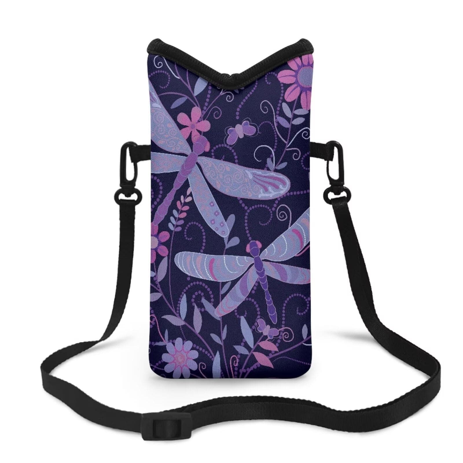 Suobstales Dragonfly Daisy Leaf Print Neoprene Cell Phone Sleeve Phone Pouch with Adjustable Shoulder Strap for Women Men, Portable Crossbody Bag Phone Case Compatible for iPhone