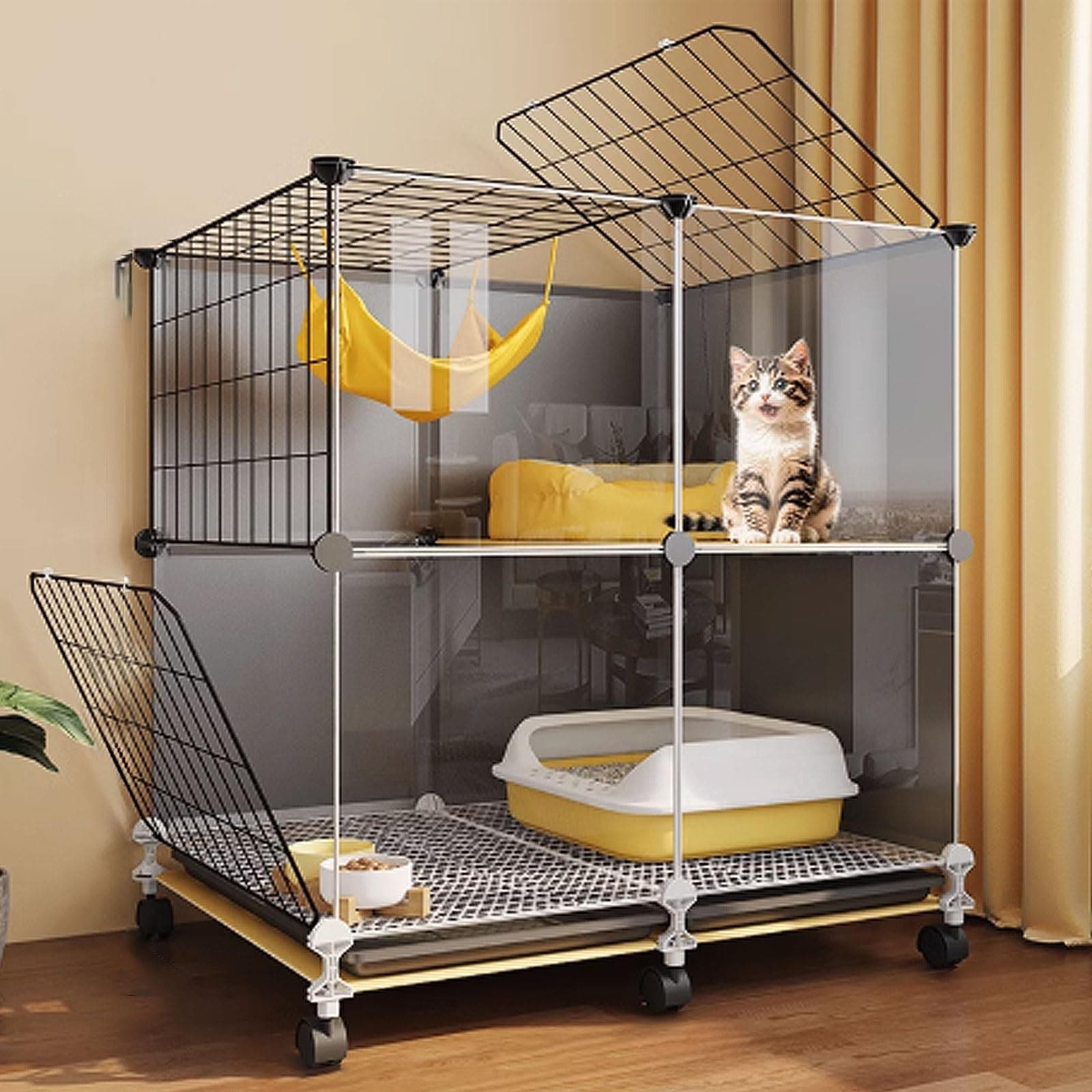 GUQASDV Black Cat Cages Indoor, Catio Indoor Cat Enclosure, Cat Playpen with Top Cover, Cat Crate with Wheels for Ferret, Chinchilla, Rabbit, Small Animals(71 * 36 * 82cm)