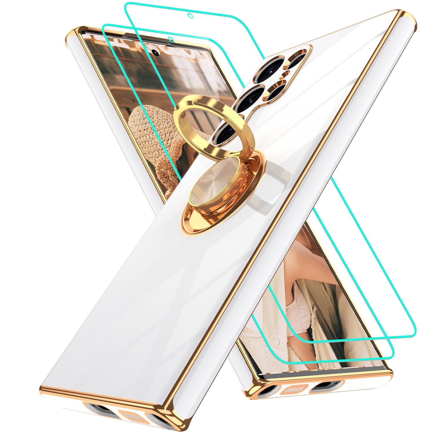 Gritup for Samsung Galaxy S22 Ultra Case: with 2Pcs Screen Protector, 360° Rotation Ring Holder Magnetic Kickstand, Plating Gold Edge Soft TPU Shockproof Protective Cover for S 22 Ultra, White
