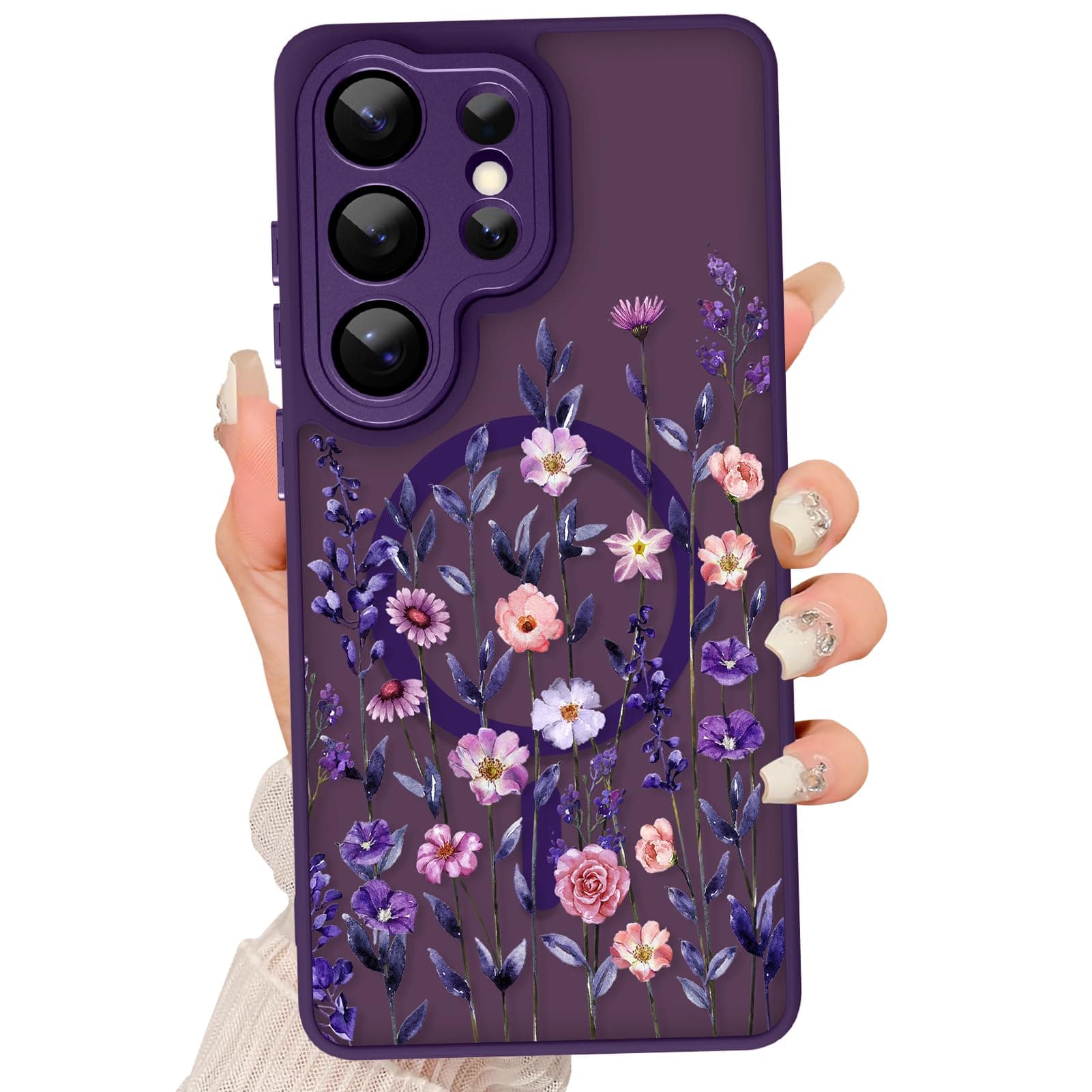 Fsoole Magnetic for Samsung Galaxy S26 Ultra Case [Compatible with MagSafe] Cute Flower Floral Print Pattern Design, Slim Bumper Translucent Matte Protective Cover for Women Girls, Dark Purple