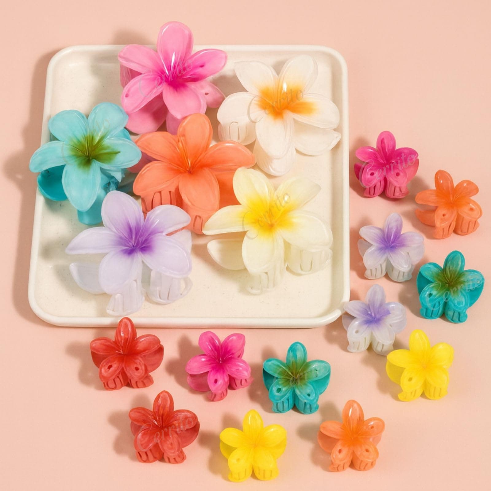 Cerrito 4 Pcs Flower Hair Claw Clips – Hawaiian Plumeria, Large NonSlip Clutchers for Hair, Strong Hold Hair Accessories For Thick or Thin Hair, Beach, Everyday Use (Multi-Size, Multicolor)