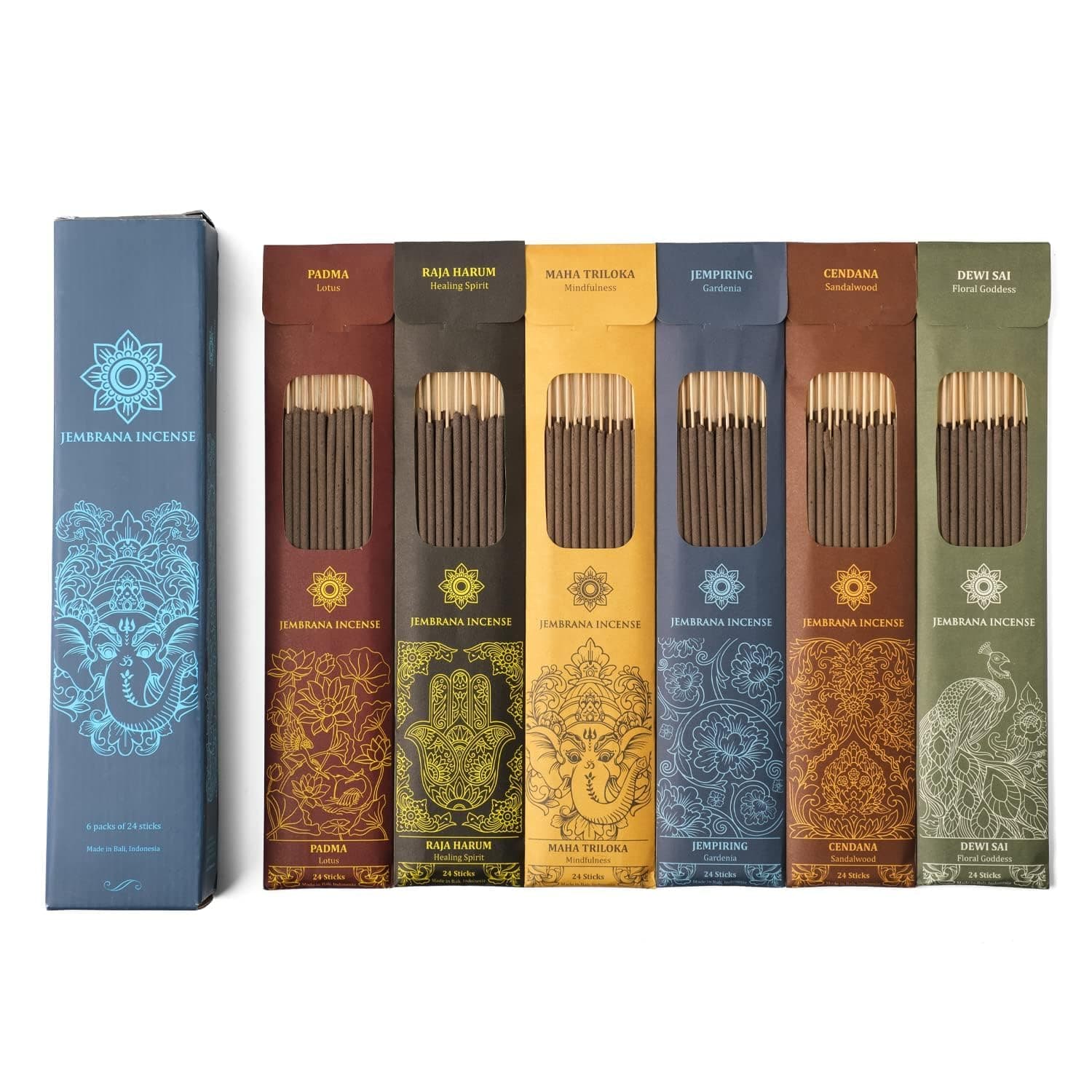 Bali Soap Jembrana Incense Sticks - Variety Pack 6 Scents (144 Sticks Total, 24 Sticks Each) of Lotus (Padma), Sandalwood, Gardenia, Maha Triloka, Raja Harum & Dewi Sai (Amber)