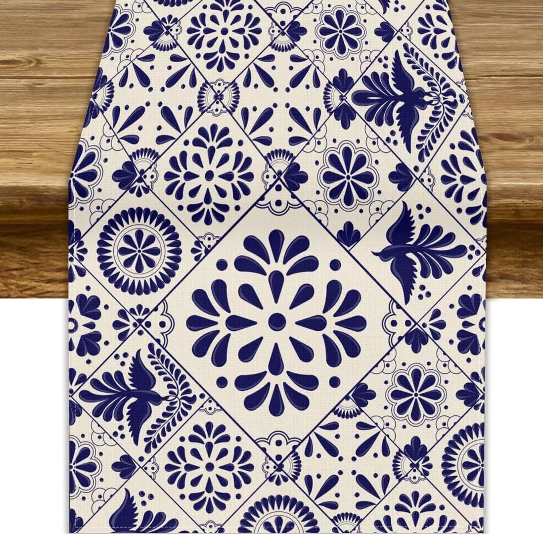 JanJCurt Traditional Mexican Table Runner, Talavera Style Beige Mexican Floral Bird Print Table Runner Holiday Home Picnic Party Dining Room Kitchen Decor, 13x120inch