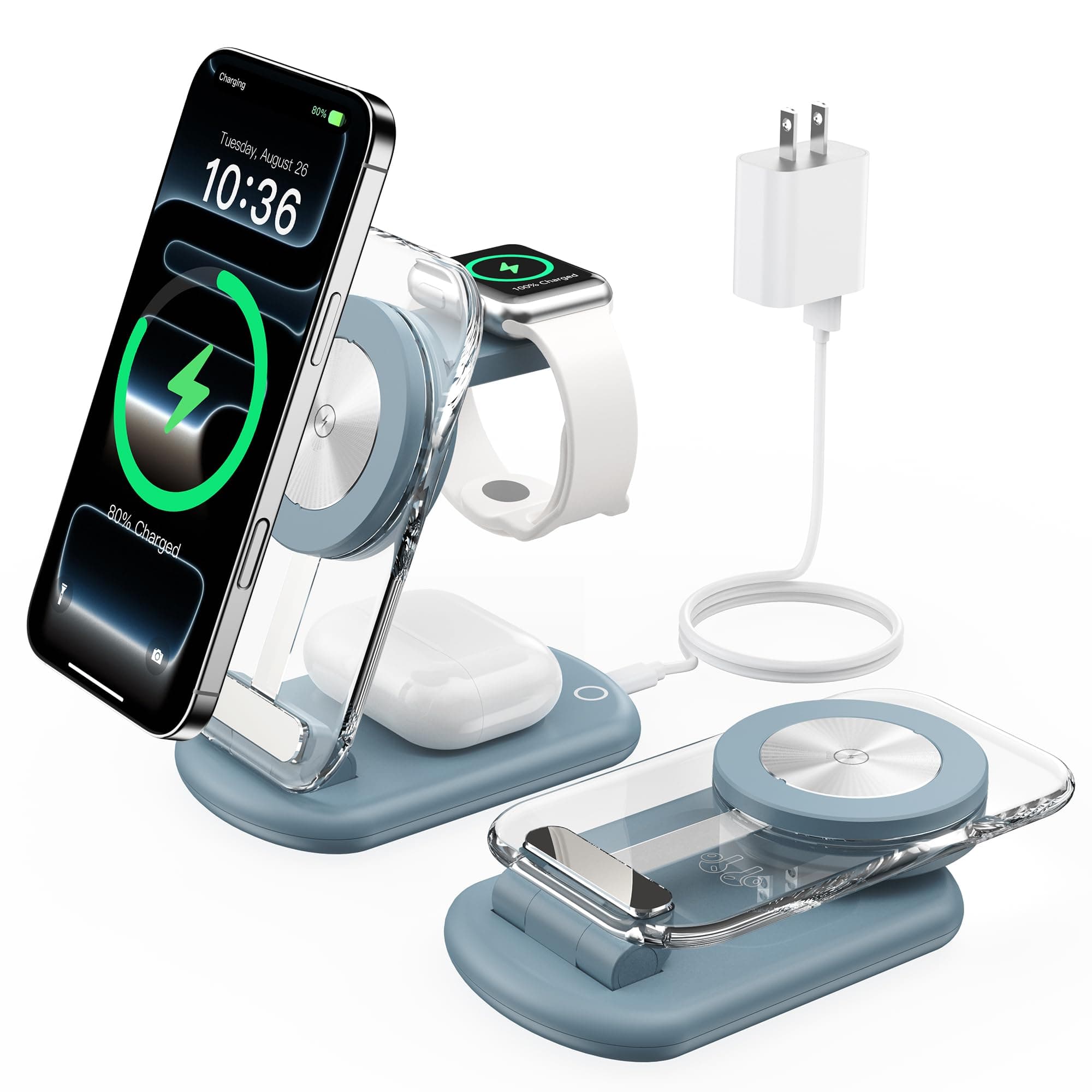 3 in 1 Magnetic Wireless Charging Station for Apple Devices, Fast Foldable Travel Mag-Safe Charger Stand with Night Light for i-Phone 16 15 14 13 12 Series, Apple Watch/AirPods Pro,LB