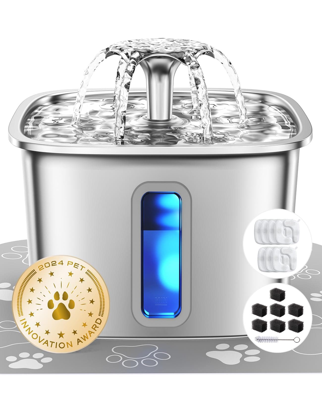 Veken Stainless Steel Cat Water Fountain, 3.2L/108oz, for Cats and Dogs
