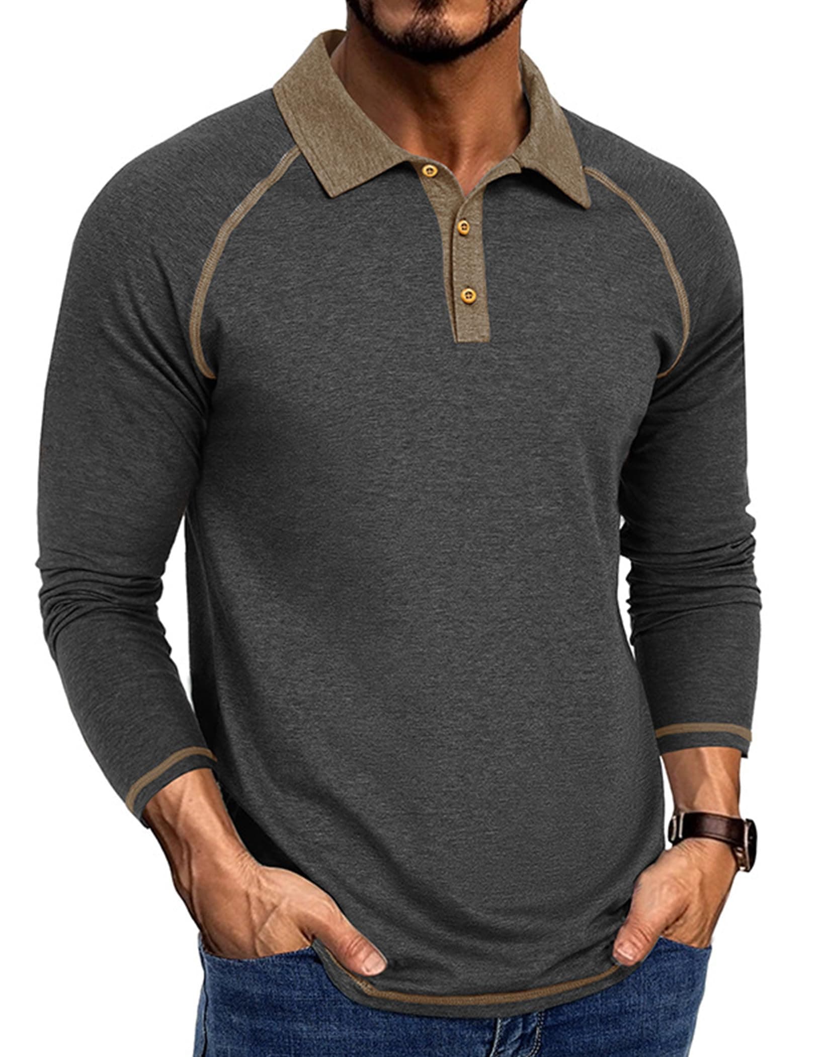 Aro Lora Mens Long Sleeve Polo Shirts Causal Polo T-Shirts Adult Button Down Golf Tops Grey XL