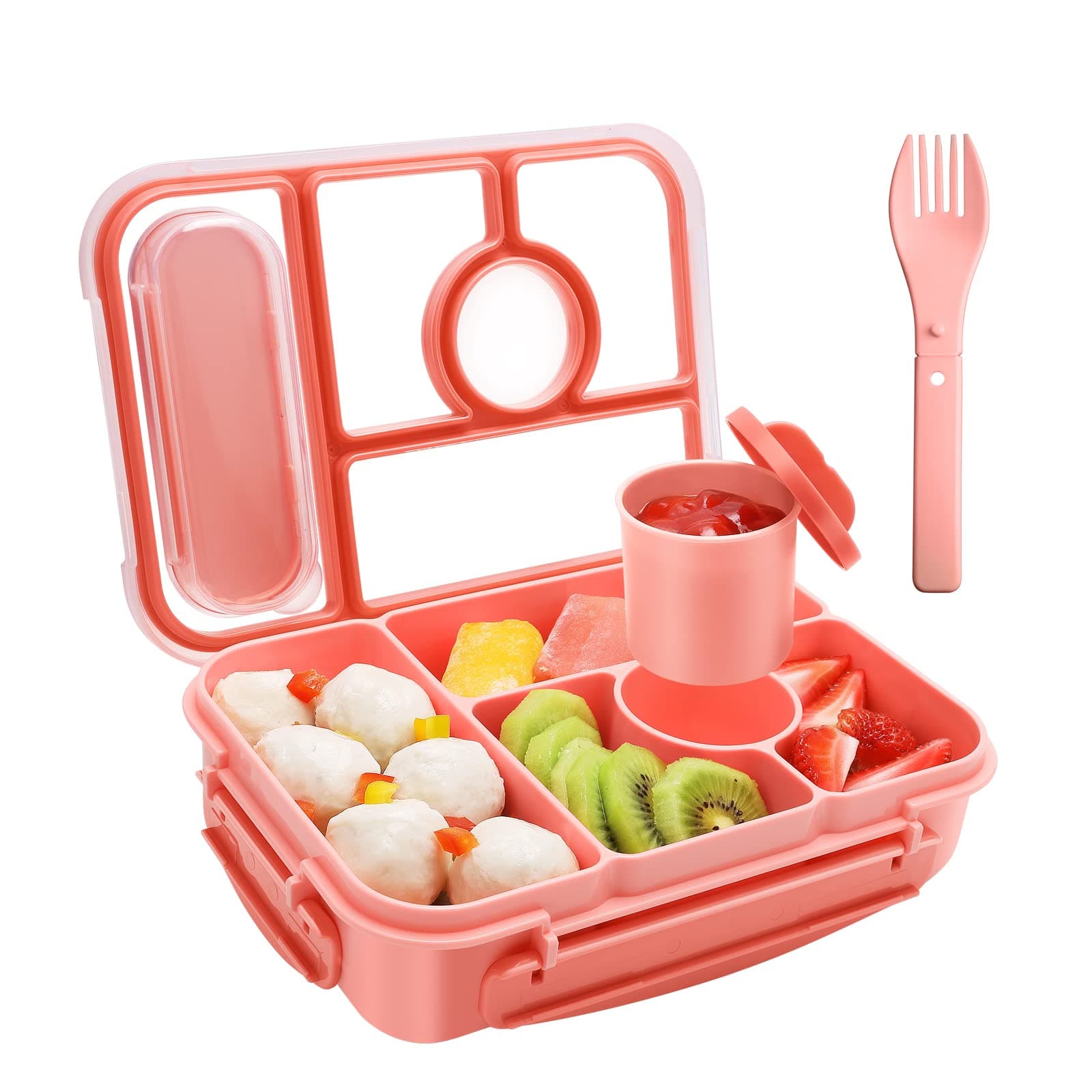 Amathley Bento Box Adult Lunch Box Kids,Lunch containers for Adults/Kids/Toddler,5 Compartments bento Lunch Box for Kids with Sauce Vontainers,Microwave & Dishwasher & Freezer Safe (Pink)