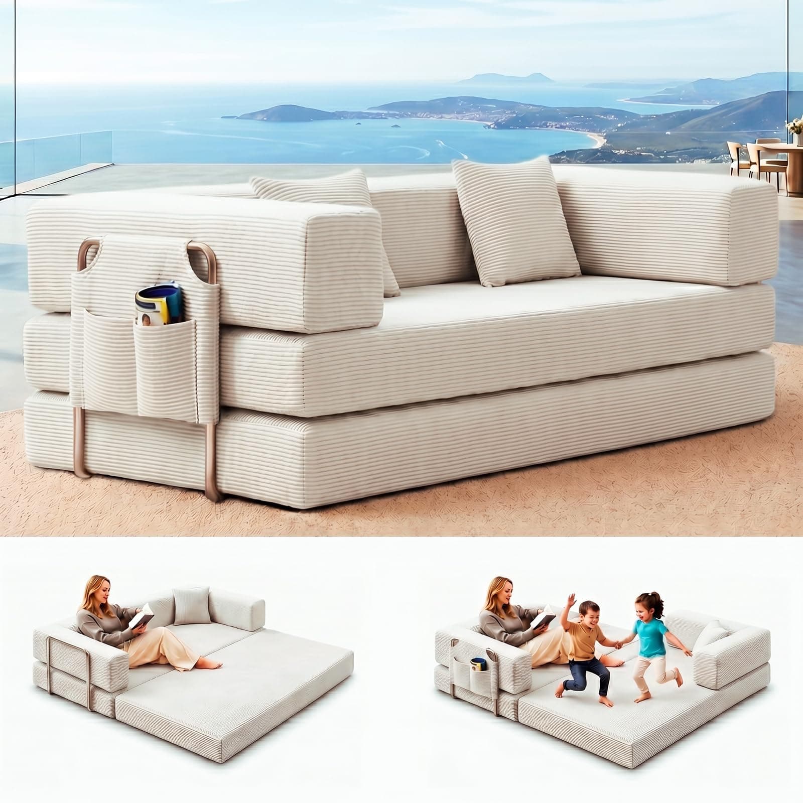 Compact Sofa Small Unit Corduroy Three Person Sofa Bed, Multifunctional Living Room Sofa, Suitable for Apartment Rooms, Modern and Simple Grid (White, 200CM)
