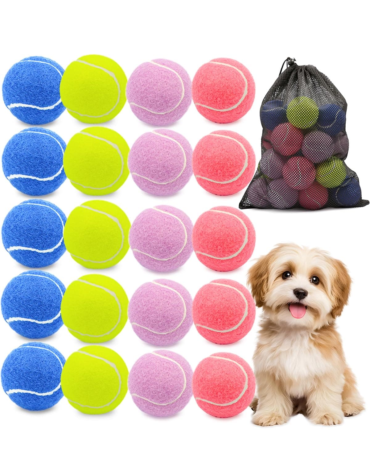 GOLDNITE Tennis Balls for Training and Dogs,Mix Color 20 Pack Practice Tennis Ball with Mesh Bag for Transport and Beginner Exercise High Elasticity Durable Pet Playing Tennis Ball Set