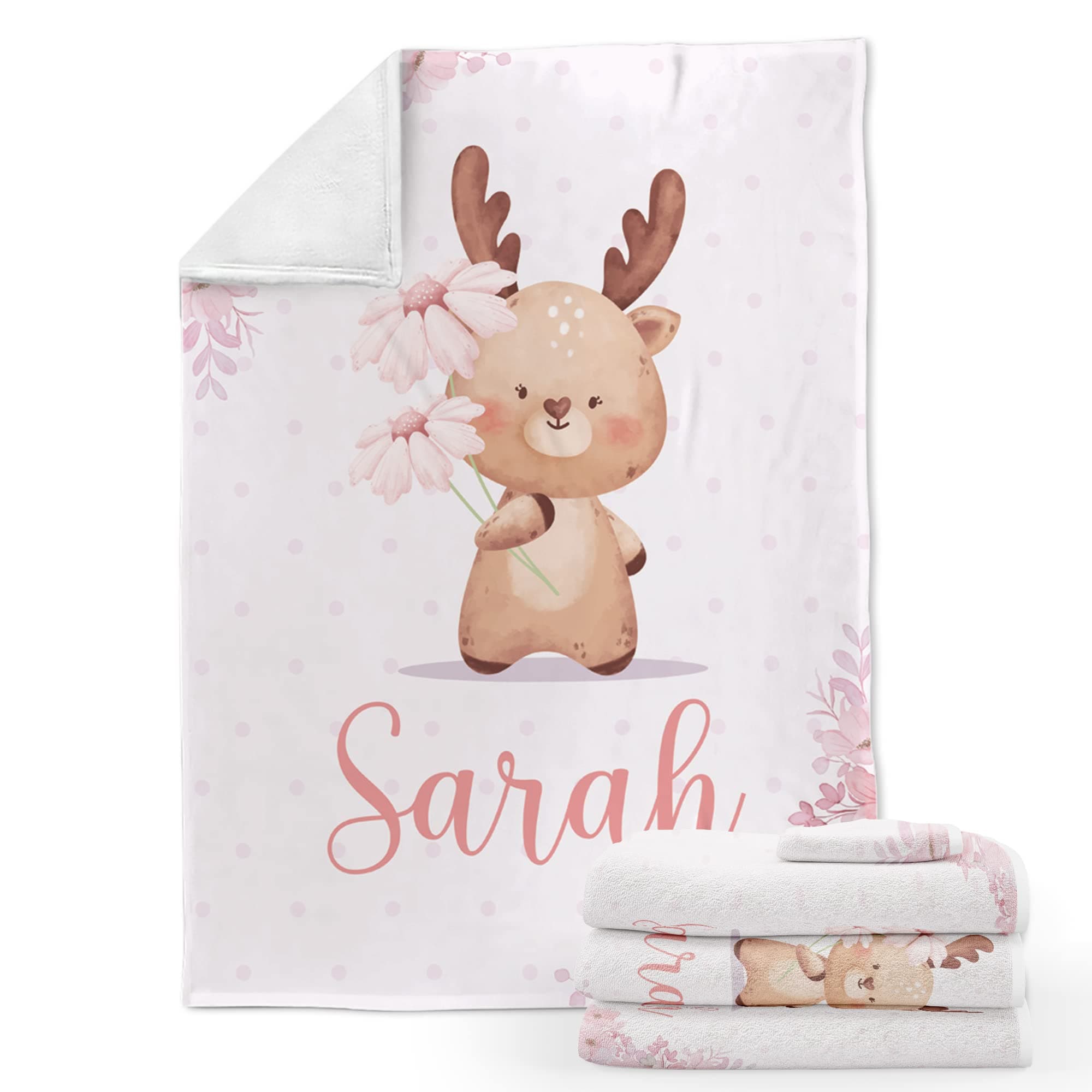 ZouZou Personalized Baby Girl Blankets, Customized Baby Girl Blanket - Baby Blanket with Name for Baby Girl, 30x40, Fleece - Cute Custom Baby Blanket for Baby Girls (Deer)