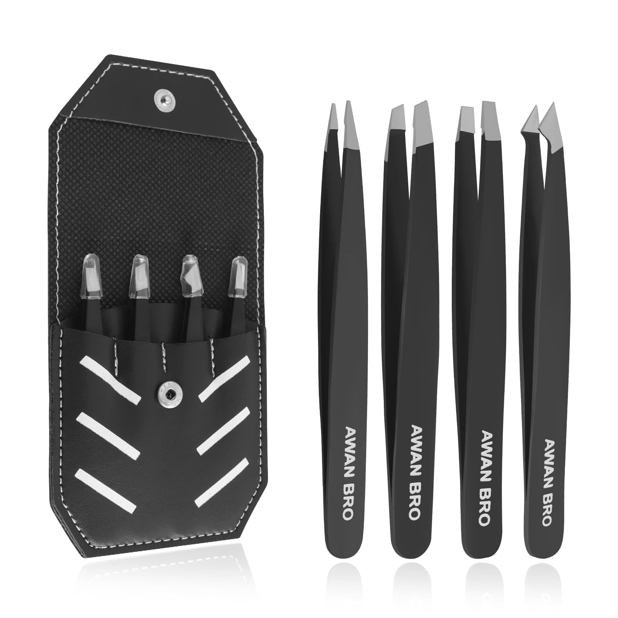 Premium Eyebrow Tweezers Set – Stainless Steel 4 Piece Black Tweezers for Women Facial Hair, Tweezers for Men & Women Perfect for Eyebrow Shaping - Includes Carrying Case & 4 Types of Tweezers.