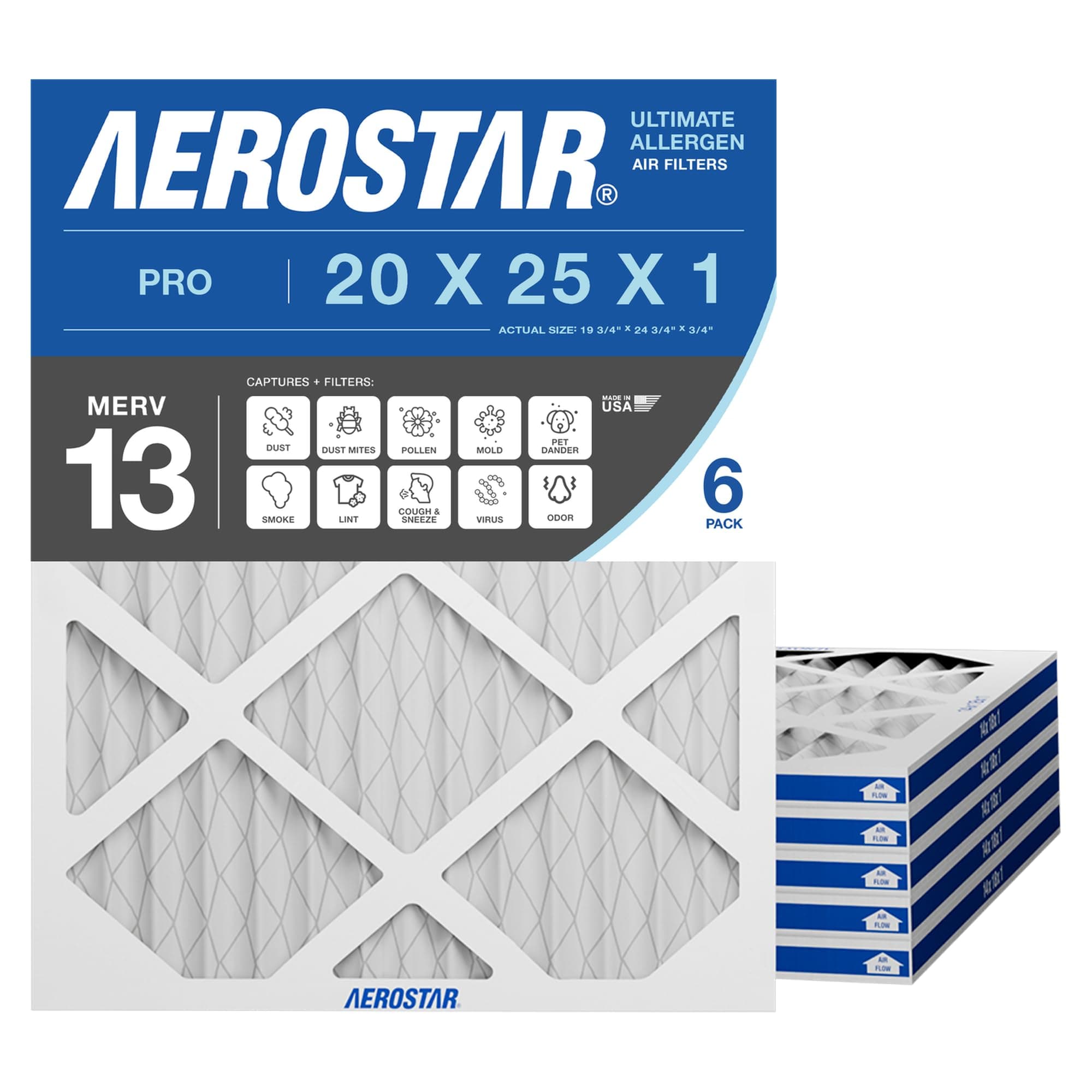 Aerostar Pleated Air Filter, MERV 13, 20x25x1, Pack of 6