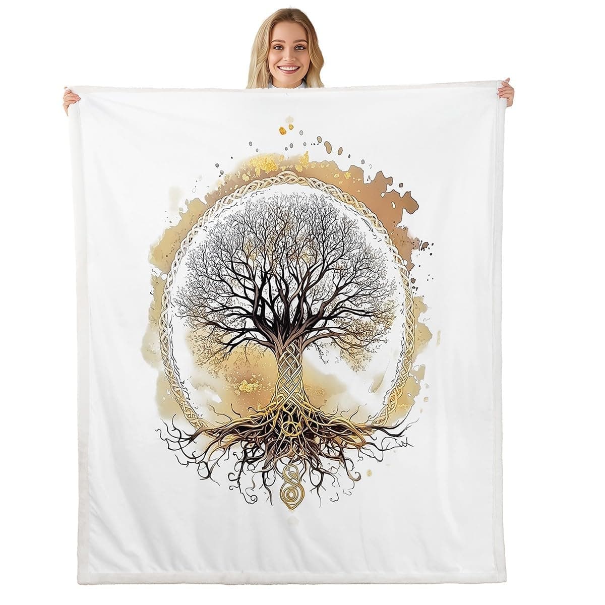 jejeloiu Kids Tree of Life Sherpa Blanket Plush Fuzzy Twin 60"x80" Tree Branches Pattern Fleece Throw Blanket for Boys Girls Teens Bedroom Decor Nature Theme Gold White Soft