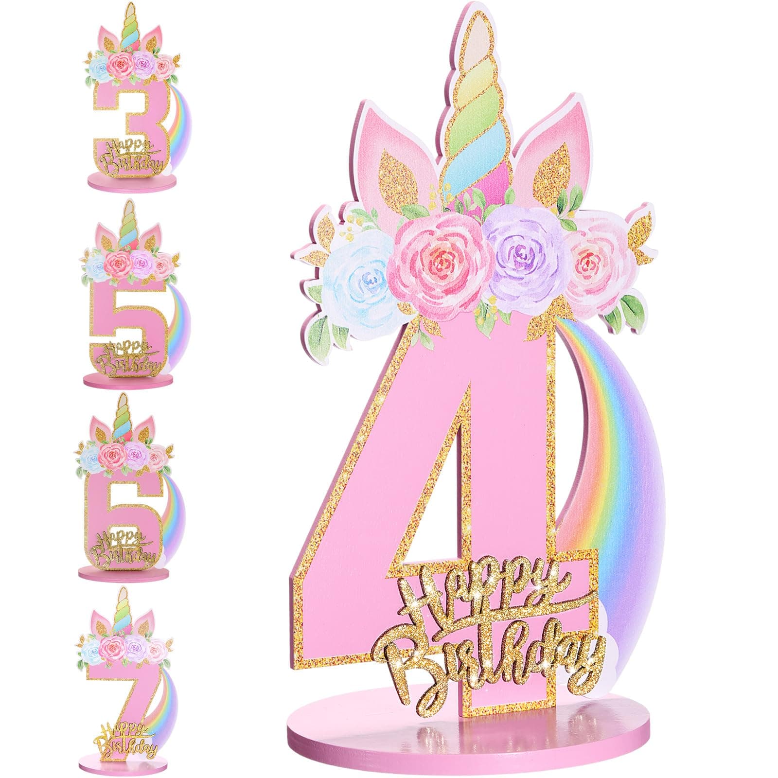 MiniInflat Unicorn 4th Birthday Number Sign Centerpiece for Girls - Wooden Table Decoration - Pink