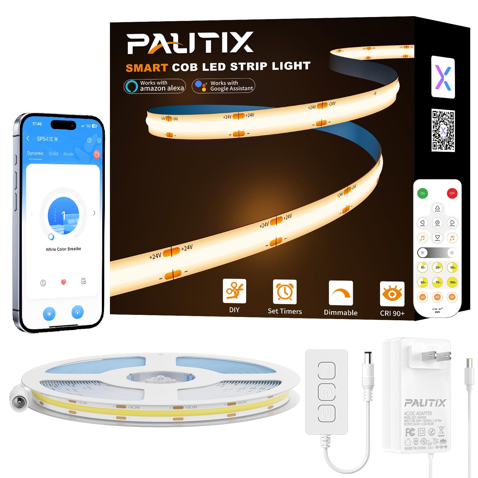 PAUTIX Cob Led Strip 32.8ft/10M, Works with Alexa/Google Assistant, 4800 Leds Warm White 3000K, Cri93+ Super Bright High Lumen, Dimmable 24V Flexible Led Strip Light, For Lighting