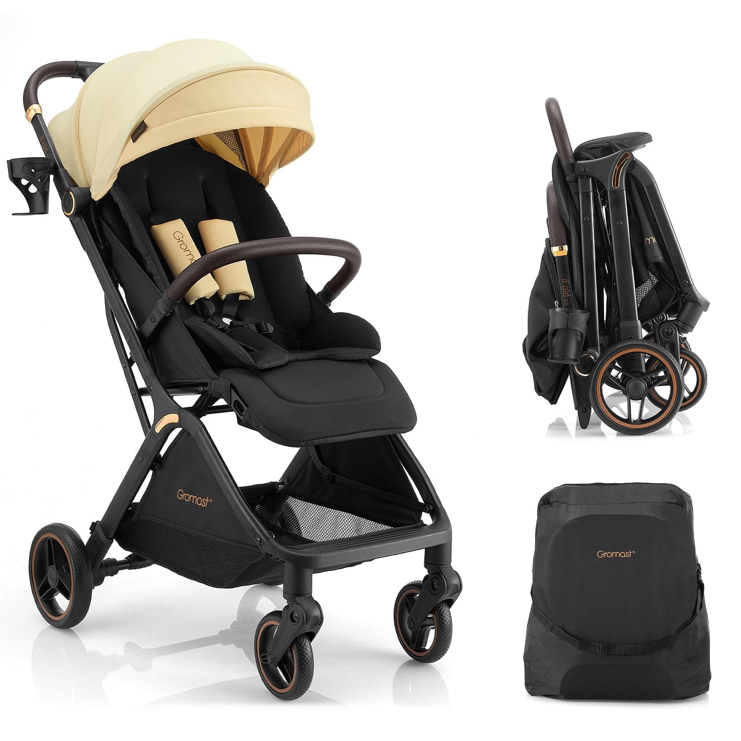 Gromast Gravity Folding Baby Stroller V2.0 - Portable Travel Toddler Stroller w/Adjustable Backrest, Canopy & Cup Holder, Lightweight and UV Protected, One-Hand Automatic Folding - Beige