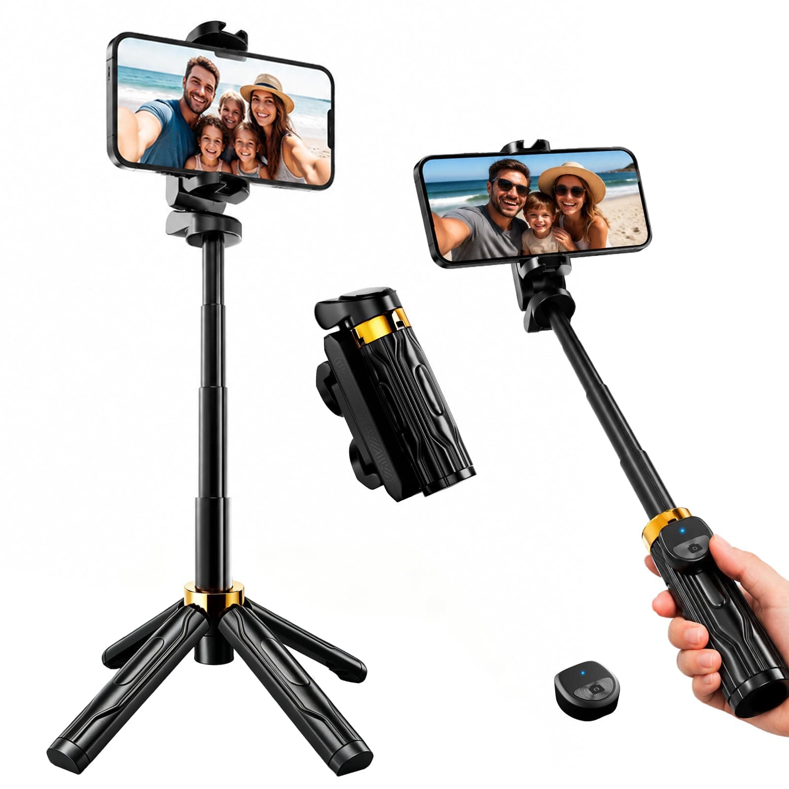 Briteroh Mini Selfie Stick Tripod, 11cm Pocket-Sized Selfie Stick with Bluetooth Remote, 4-Leg Reinforced Stand, 360° Rotation, 107g Lightweight for iPhone/Android, Ideal for Travel/Live Stream/Vlog