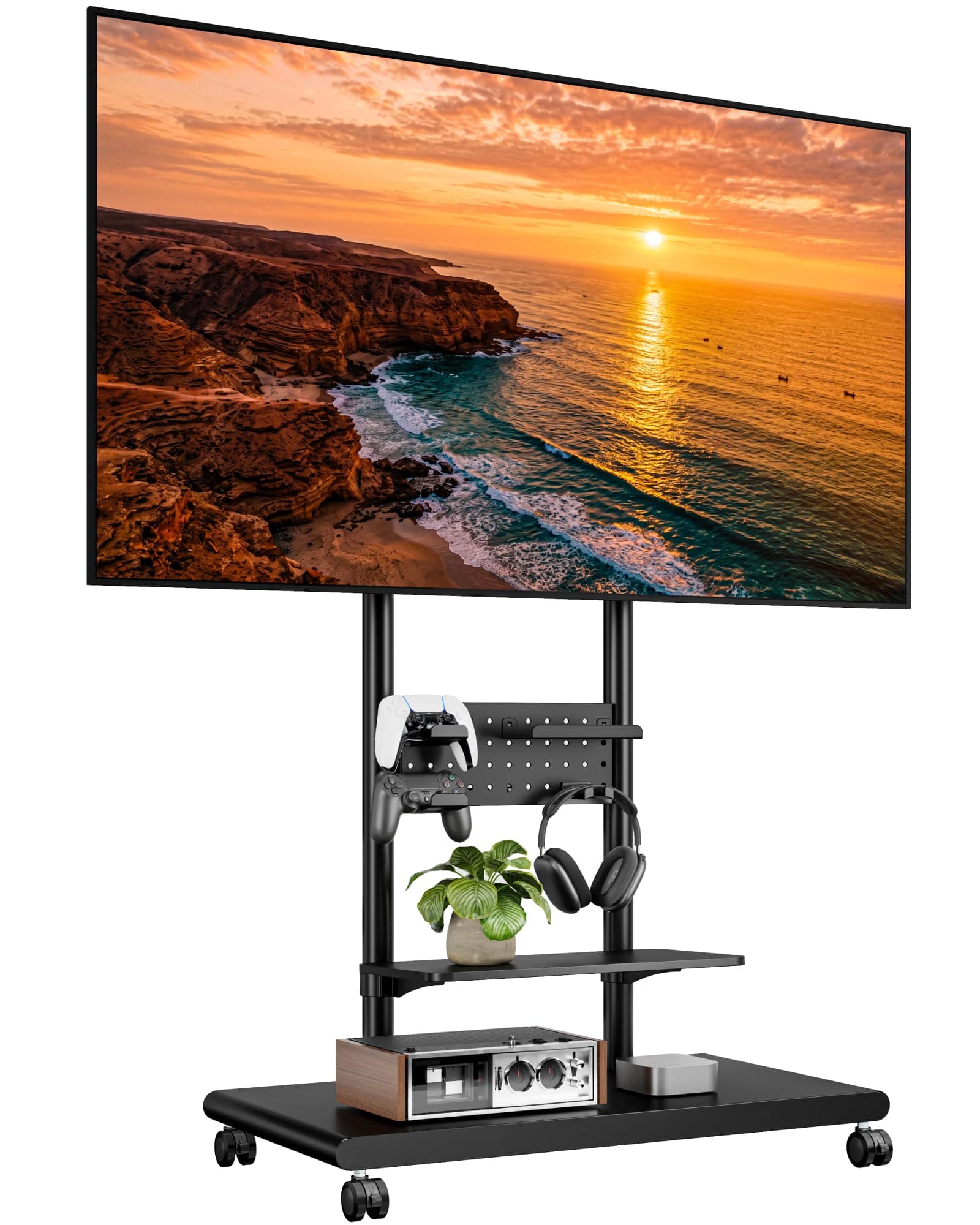 ECOTINY Heavy-Duty Rolling TV Stand for 50–90″TVs to 198lbs,Black