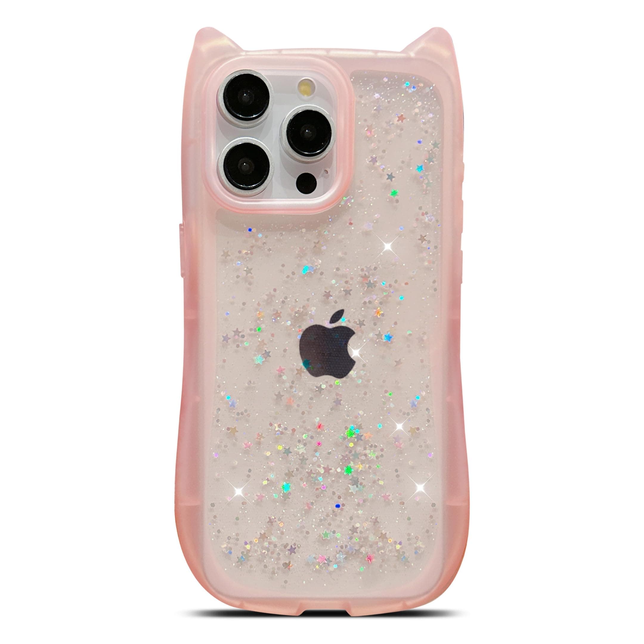 LYZDT for iPhone 14 Pro Case 6.1" Bling Glitter Sparkle Star Shiny Clear Transparent Cute Kawaii 3D Cat Ear Soft Silicone Shockproof Protective Arc Edge Aesthetic Cover for Women Girls (Pink)