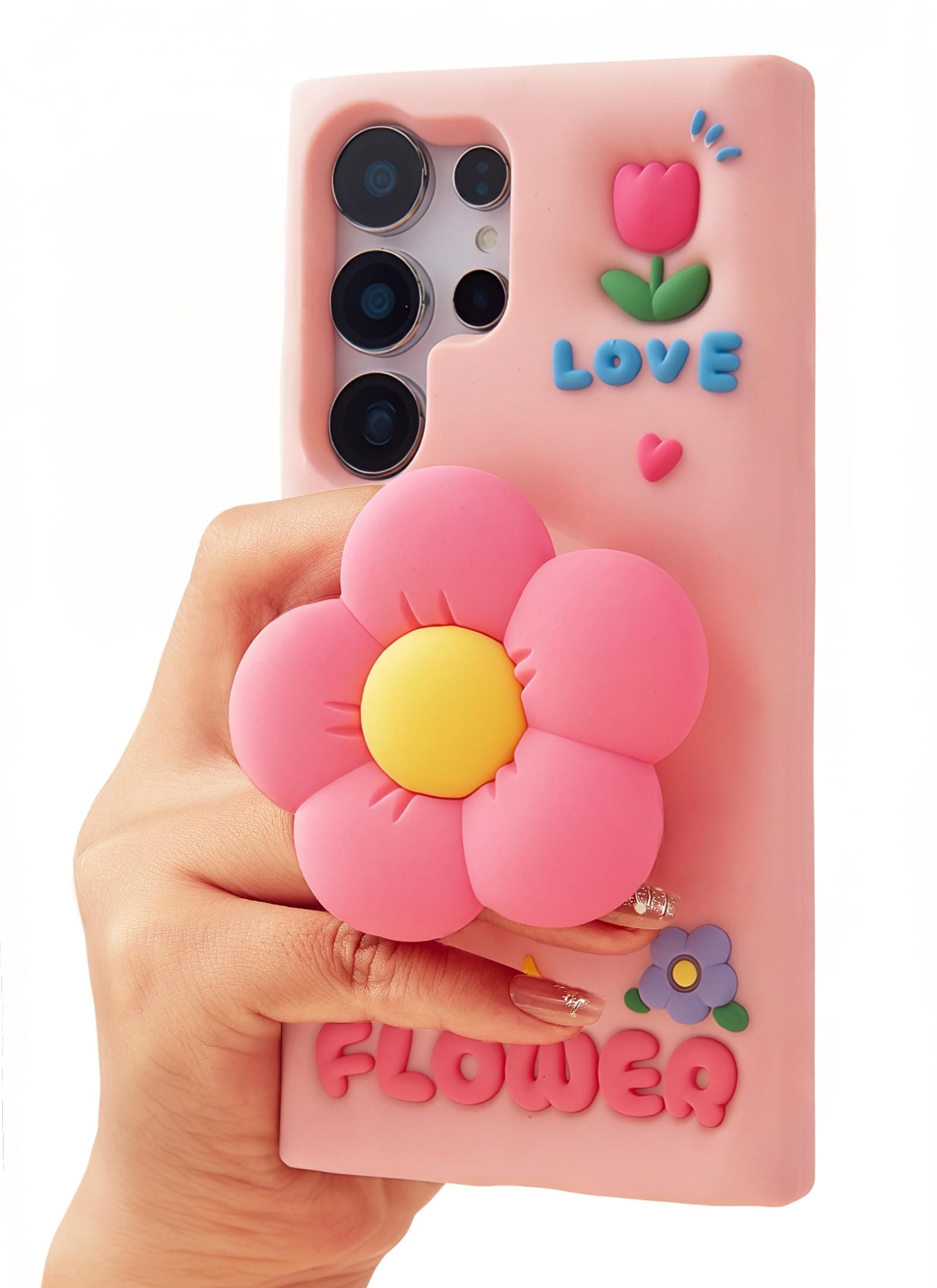 TUFTA Cute 3D Flower Pop-Up Stand and Grip Phone Case for Samsung Galaxy S25 Plus, Kawaii Cartoon Soft Silicone Phone Cover, Adorable Girly Floral Design for Girls, Kids, Teens, and Women