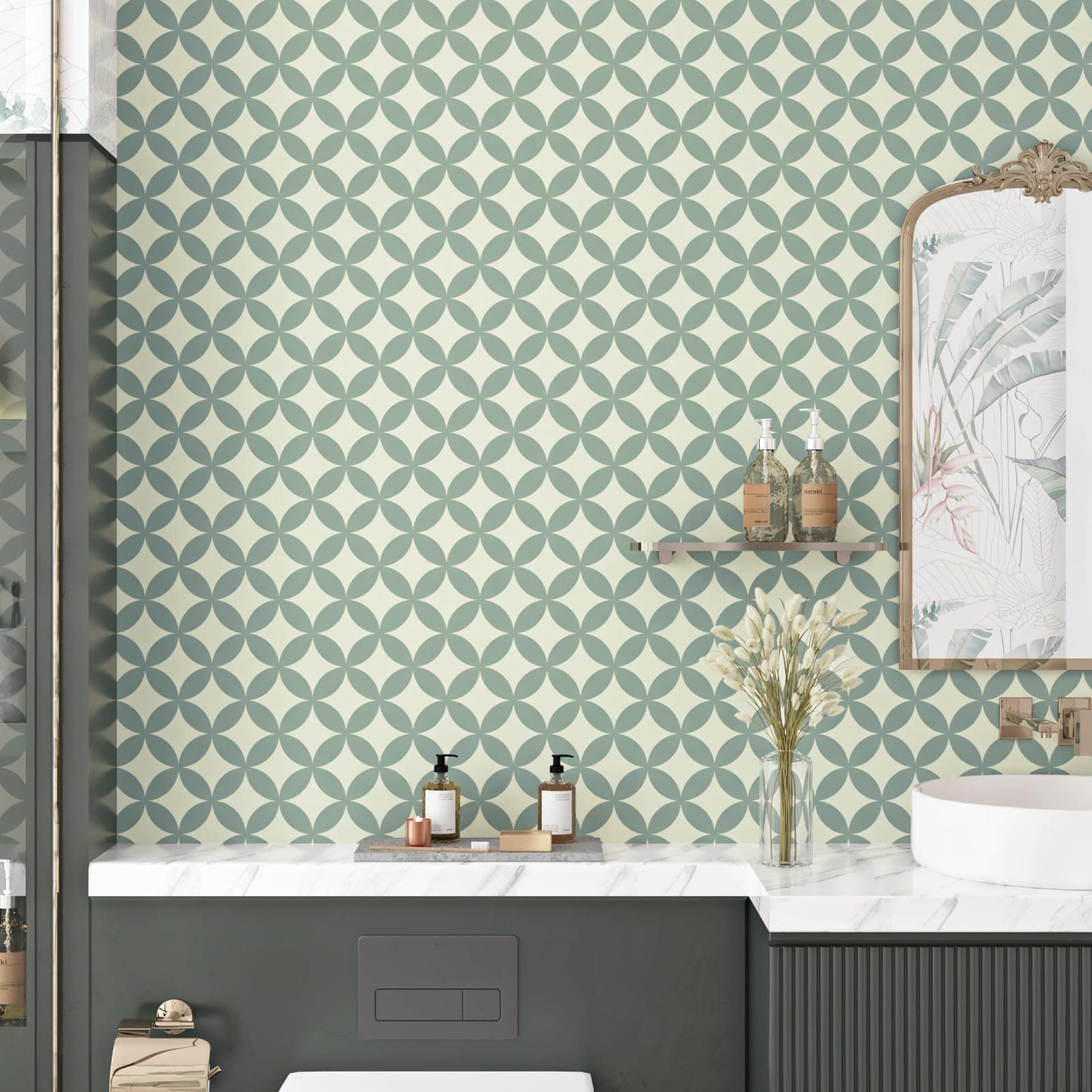 Mangoloo Vintage Peel and Stick Wallpaper Boho Grey Geometric Wallpaper for Bathroom Bedroom Wall Circle Self Adhesive Removable Contact Paper for Cabinets and Drawers Backsplash Desk 17.5"x102"