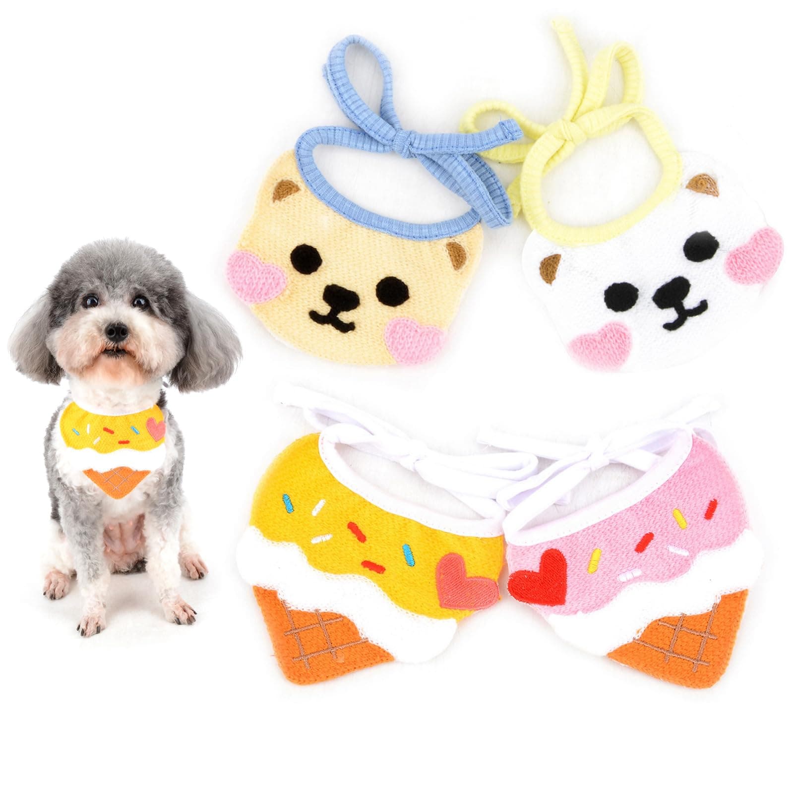 Ranphy 4 Pieces Cute Knit Drool Bibs Bandanas for Small Dog Cat Triangle Bib Pet Neckerchief for Drooling and Feeding Absorbent Adjustable Puppy Birthday Accessories,Size L