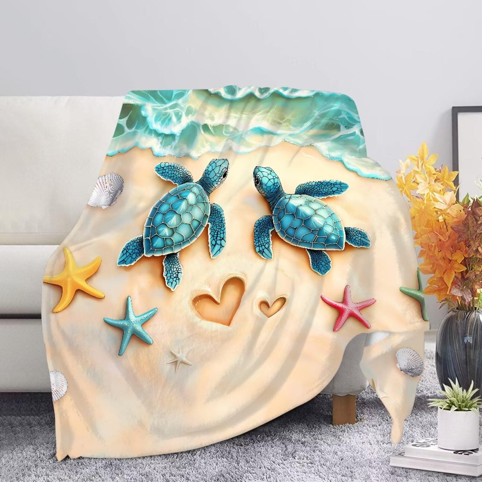 Suobstales Beach Turtle Starfish Seashell Heart Print Blanket Soft Fleece Throw Gifts Holiday Decor Blankets for Couch Bed, 35.4"×47.2"