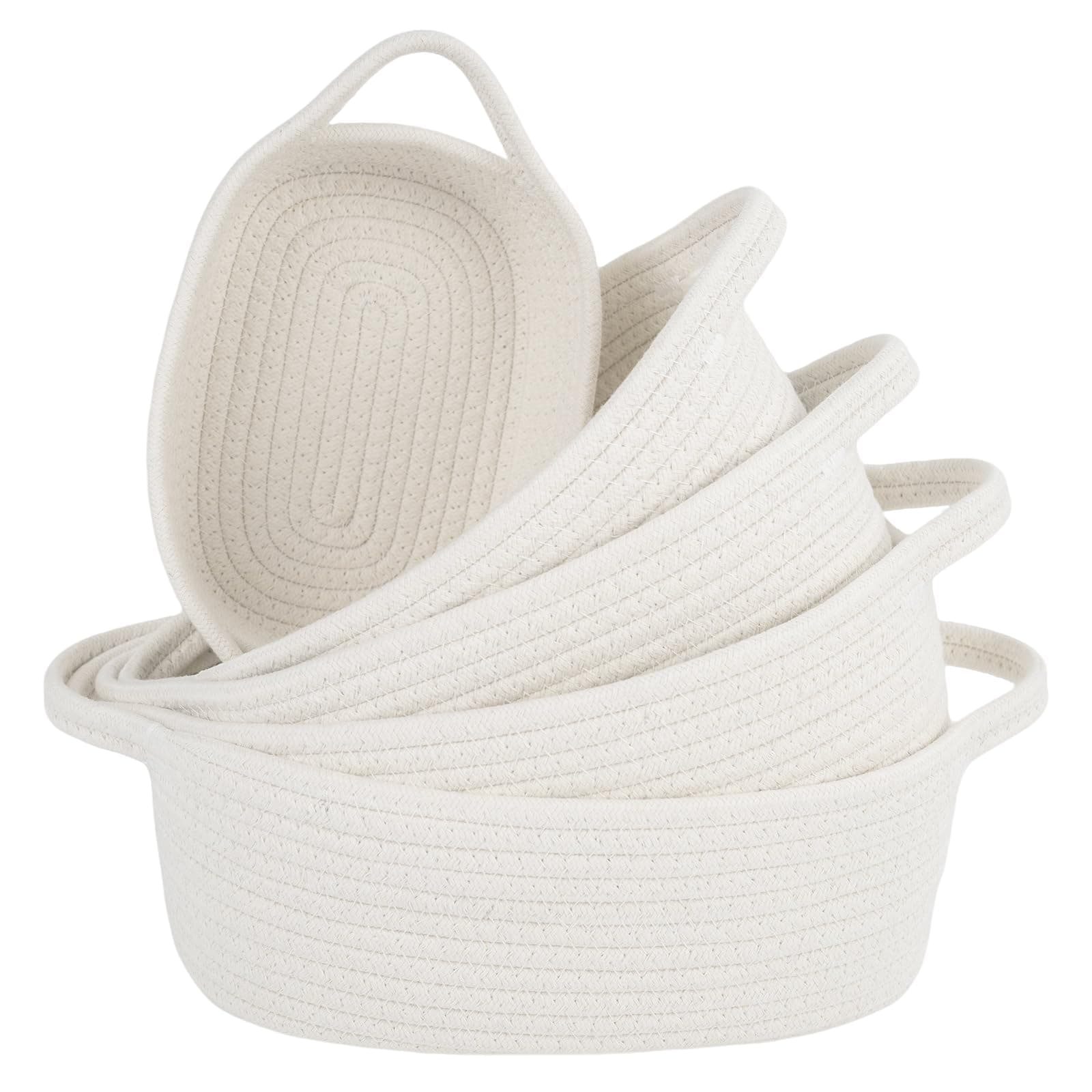 5-Piece Storage Shelf Basket Set, Natural Cotton Rope Woven Basket with Handles, Decorative Rectangle Organizer Bin for Home, Nursery, Montessori, Pet Toy Storage and Bathroom Organization, White