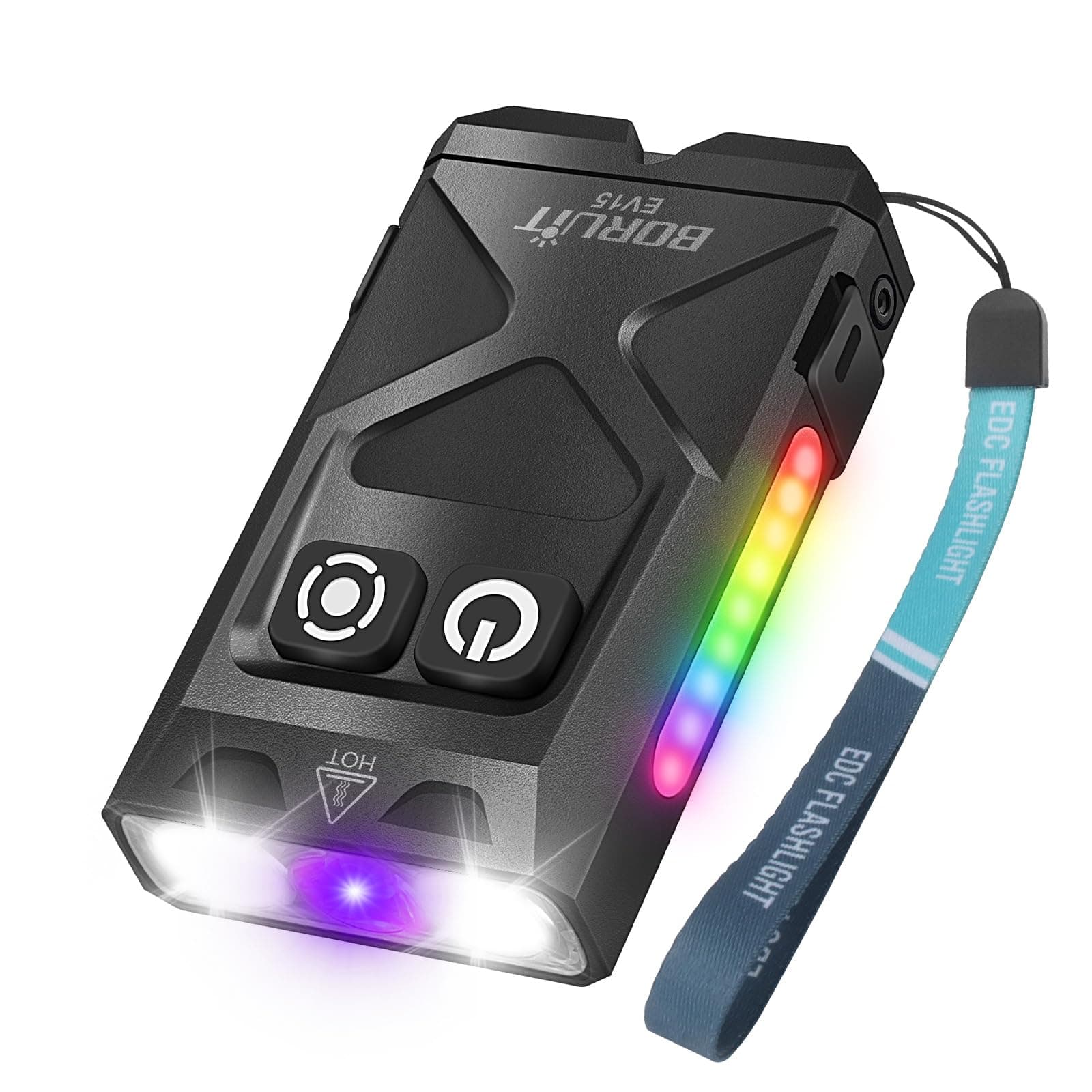 BORUIT EV15 LED Small Powerful EDC Flashlight,1000 Lumen USB-C Rechargeable Mini Keychain Flash Light with 365nm UV & RGB Side Light,IP65 Waterproof,Clip & Tail Magnet for Emergencies