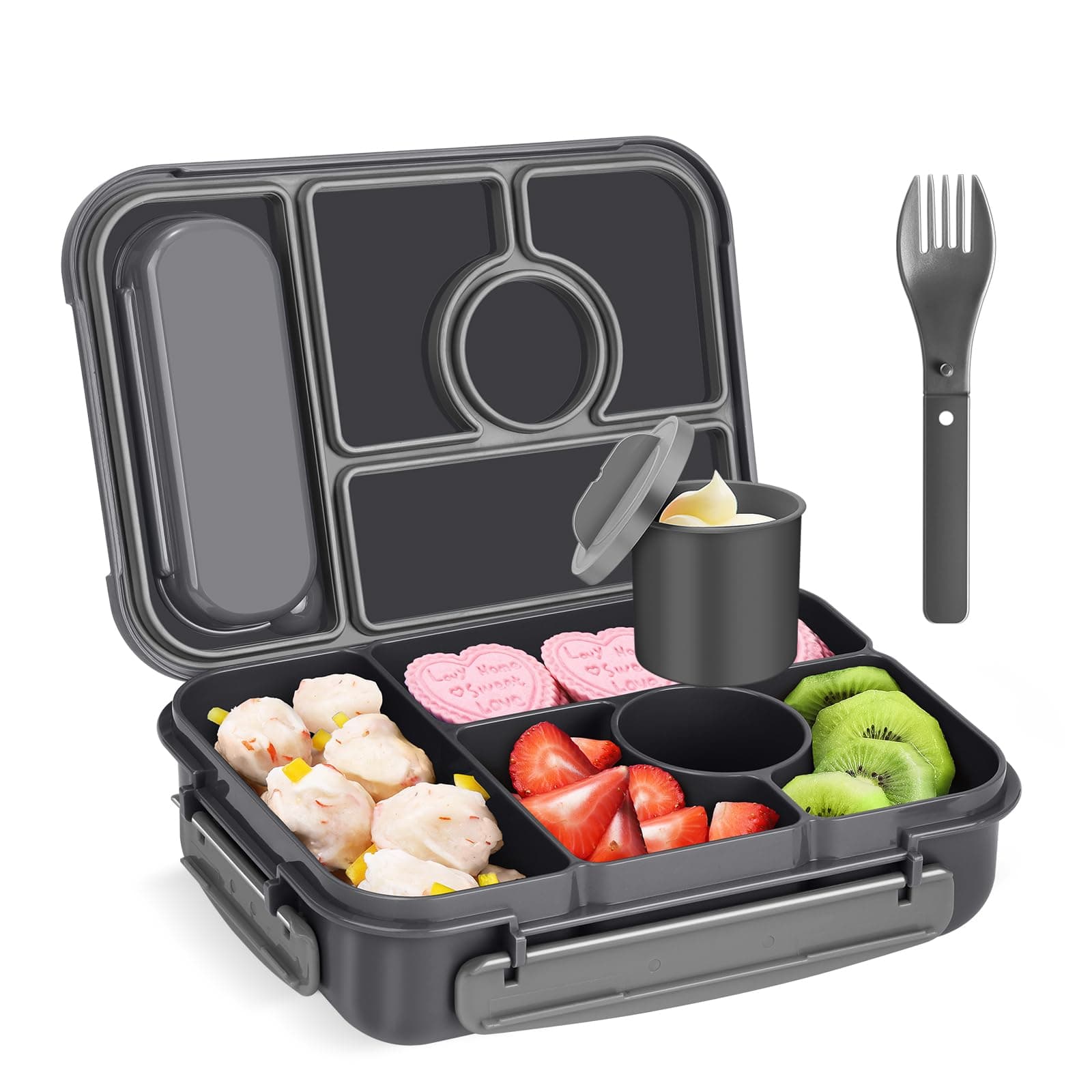 Amathley Bento Box Adult Lunch Box Kids,Lunch containers for Adults/Kids/Toddler,5 Compartments bento Lunch Box for Kids with Sauce Vontainers,Microwave & Dishwasher & Freezer Safe (Dark Gray)