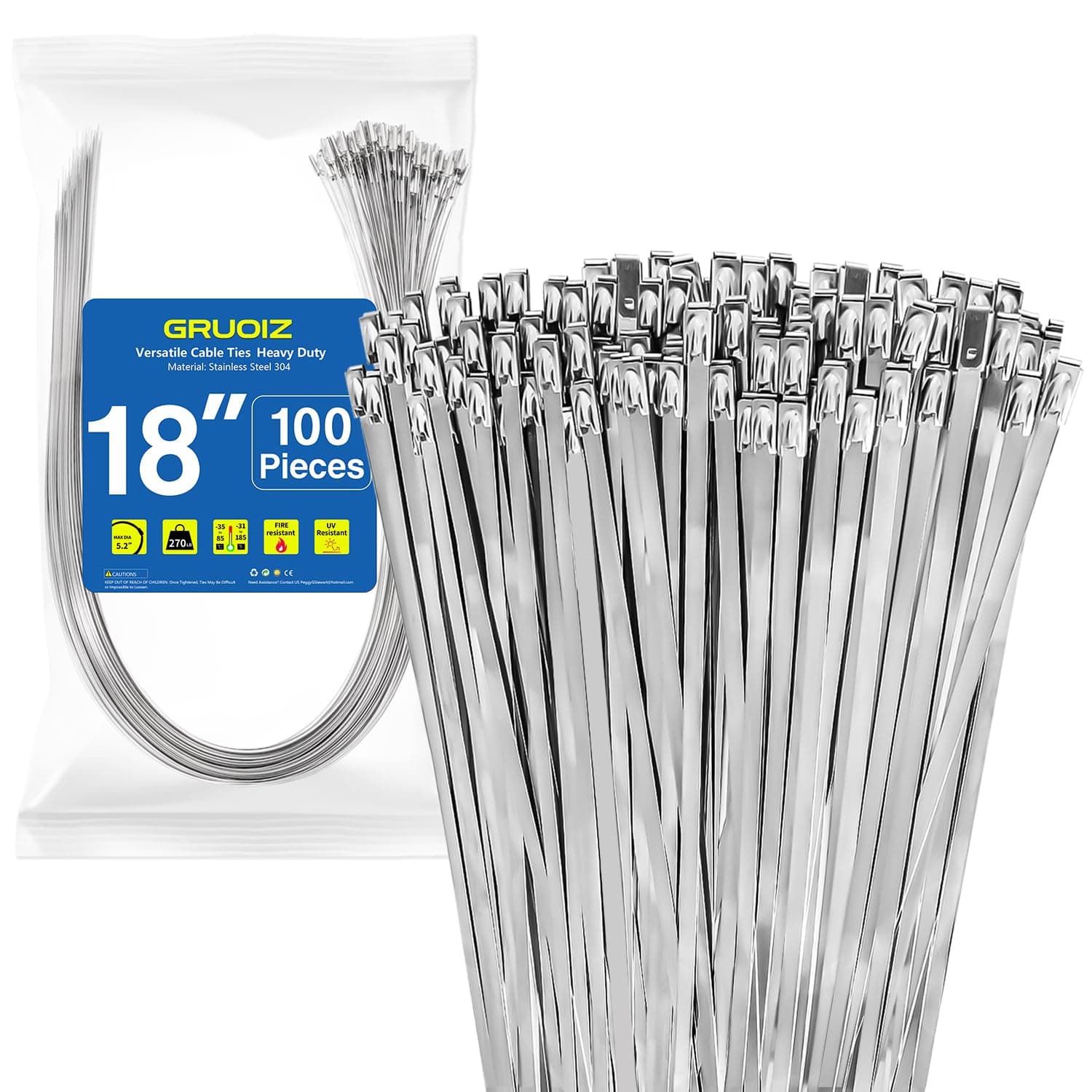 18 inch Stainless Steel Cable Zip Ties 100 Pack 304 Metal Cable Ties with 270lbs Tensile Strength Heavy Duty Zip Ties for Farms Pipes Roofs Workshop Outdoor Fence Use