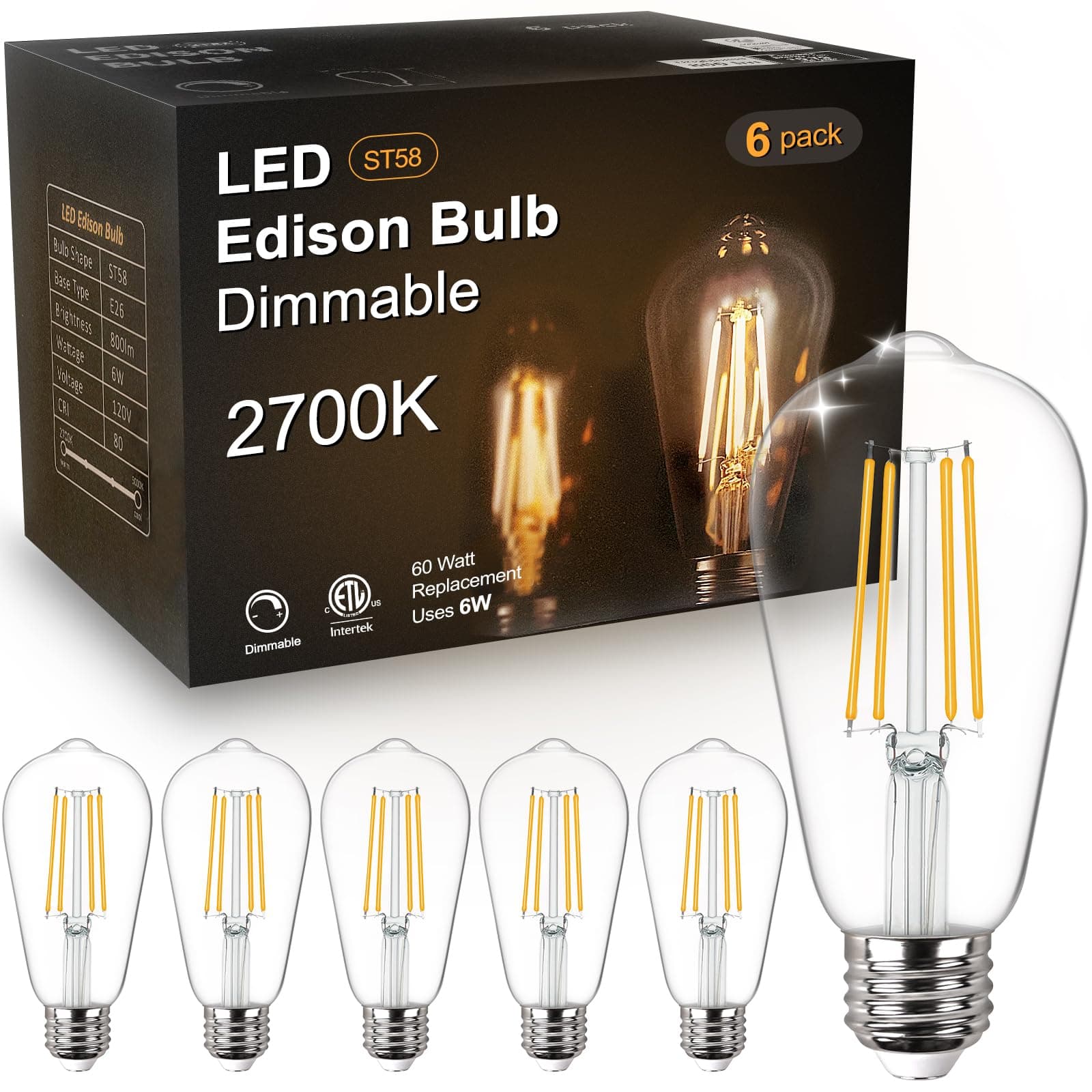 Evelor Vintage LED Edison Bulbs, 6W, Equivalent 60W, Dimmable, High Brightness 800LM Soft White 2700K, ST58 Antique LED Filament Bulbs with 80+ CRI, E26 Base, Clear Glass,ETL Listed, 6 Packs