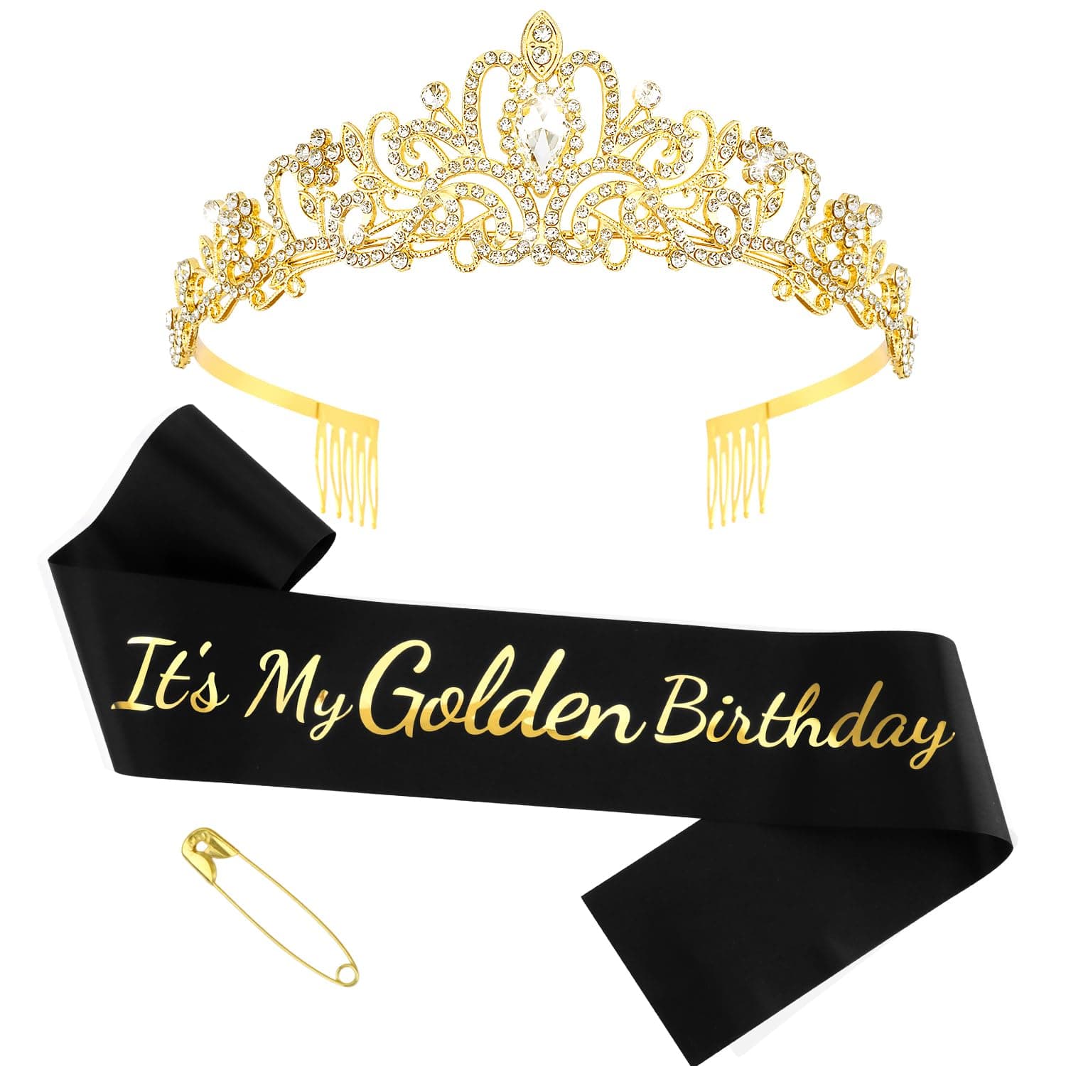 Yuxiaoyu Golden Birthday Party Decorations Crown and Sash It's My Golden Birthday Sash and Gold Tiara for Women Girls Party Decorations Gifts（Black Sash）