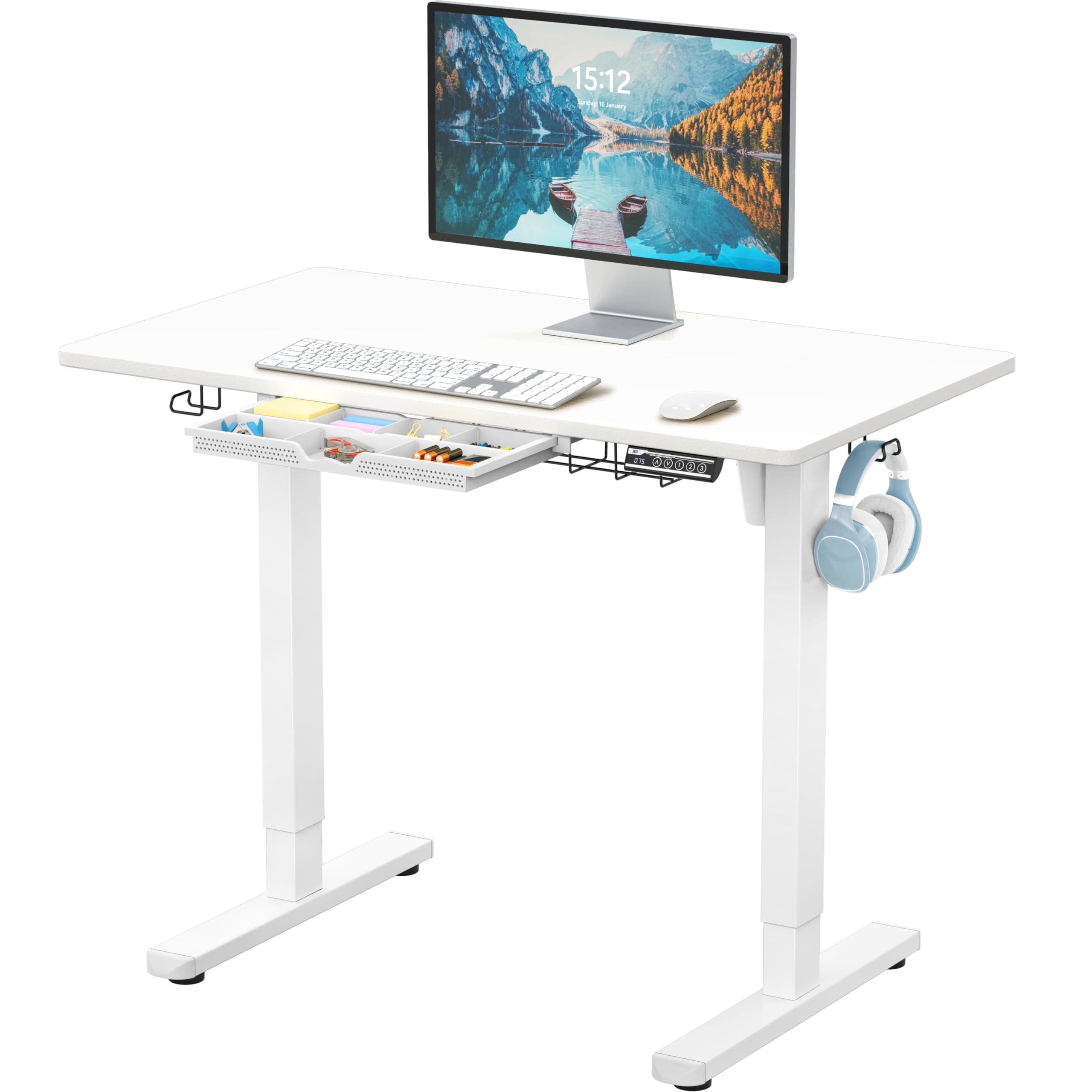 SHW 40-Inch Electric Height Adjustable Standing Desk w/Drawer, White