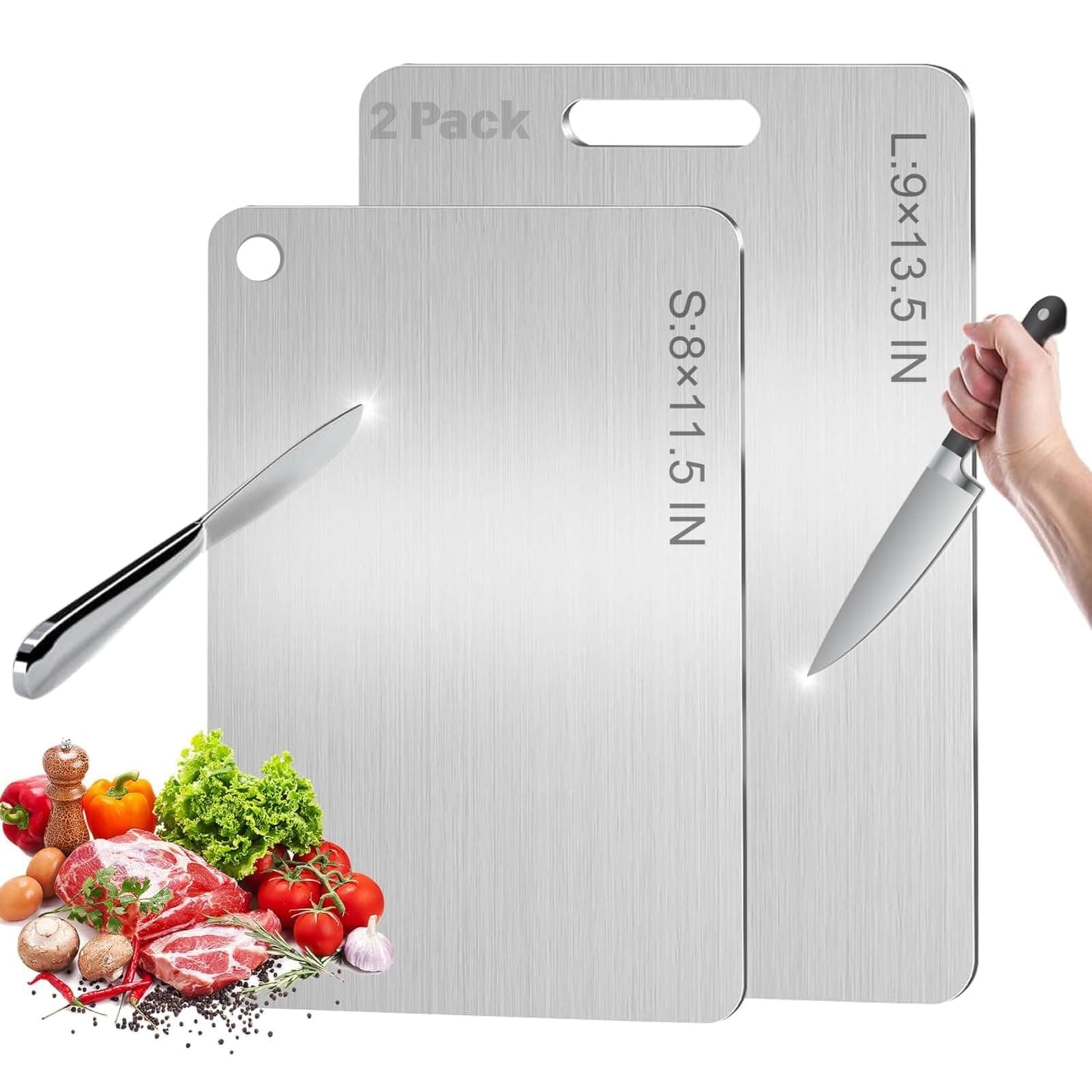 2Pack Titanium Cutting Board,2026 New Upgrade 100% Pure Titanium Cutting Boards for Kitchen,Double-Sided Food-Grade Metal Chopping Boards,Easy to Clean, Non-Stick & Odor-Resistant(S+L)