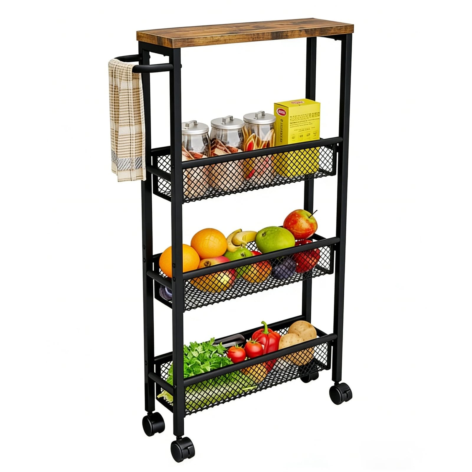 Slim Rolling Cart 4 Tier Narrow Storage Cart on Wheels with MDF Board Top and Metal Handle for Small Space Kitchen Living Room Home Office Pantry Bathroom Laundry Room(16.54×5.12×30.31 inch)
