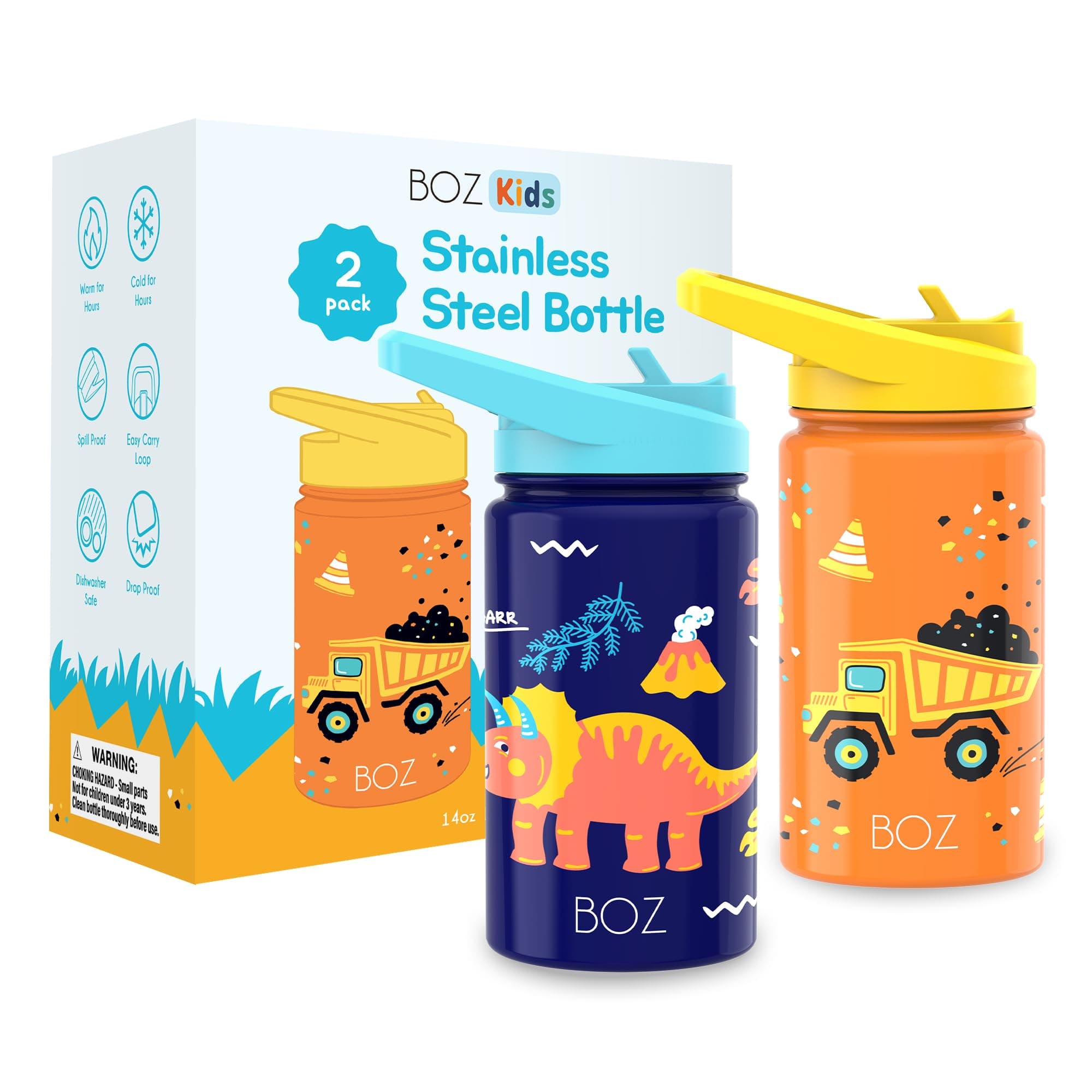 BOZ Kids Insulated Water Bottle 2-Pack, 14oz (Construction/Dinos)