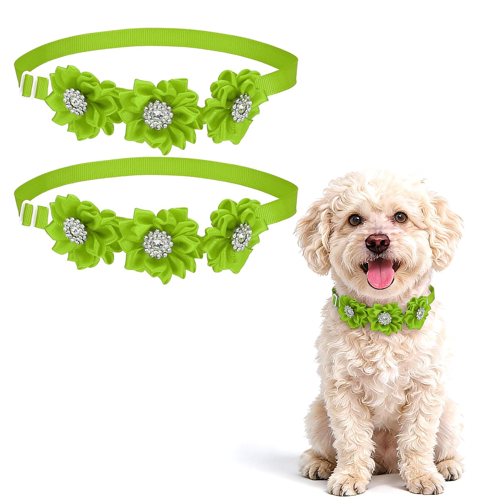 PETAXCELL Dog Bowtie Flower Collar, Adjustable Bow Ties for Dogs Flower with Diamond Bowtie Cat Grooming Accessories, (2 Pcs, Lime Green), Intended for Puppies/Kitten/Wedding/Birthday/Party