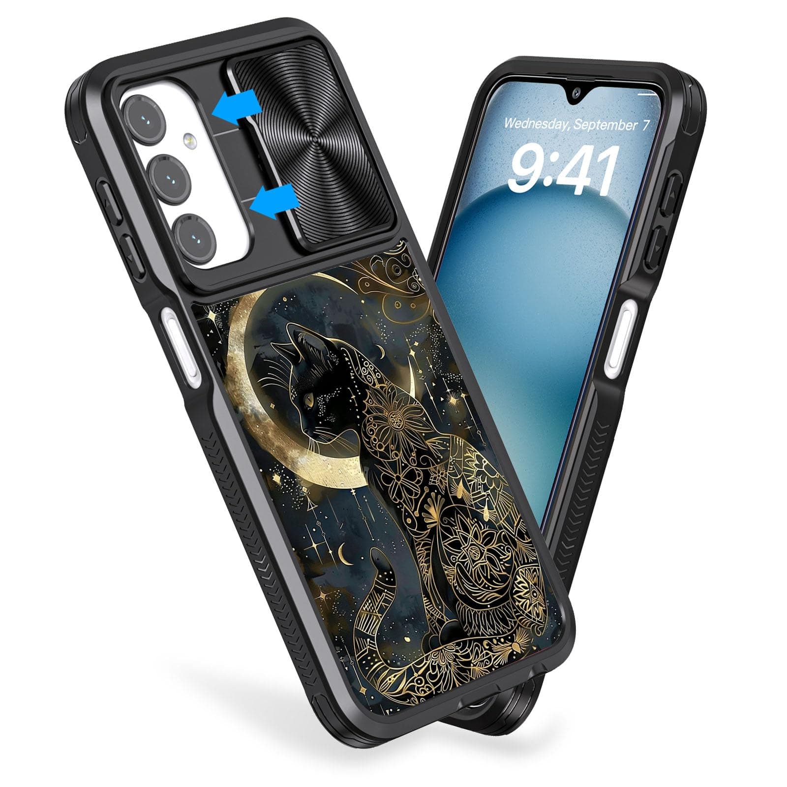 FXIANGWL for Samsung Galaxy A14 4/5G Case with Slide Protection Camera Cover, 0.14 Inch Raised Lens Bezel Dual Protection Shockproof Protective Phone Case for Galaxy A14 4/5G, Moonlight Cat